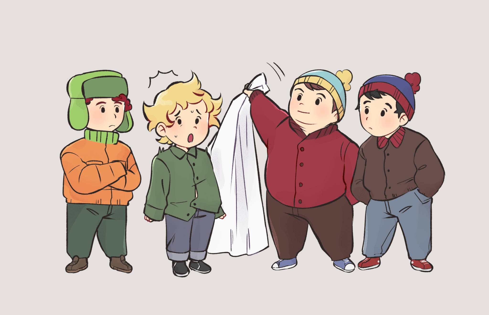 stan marsh 桌布 壁紙 — 四個卡通男孩穿著冬季衣服，其中一個舉起白色床單像鬼魂一樣，他們表現出驚訝的反應。