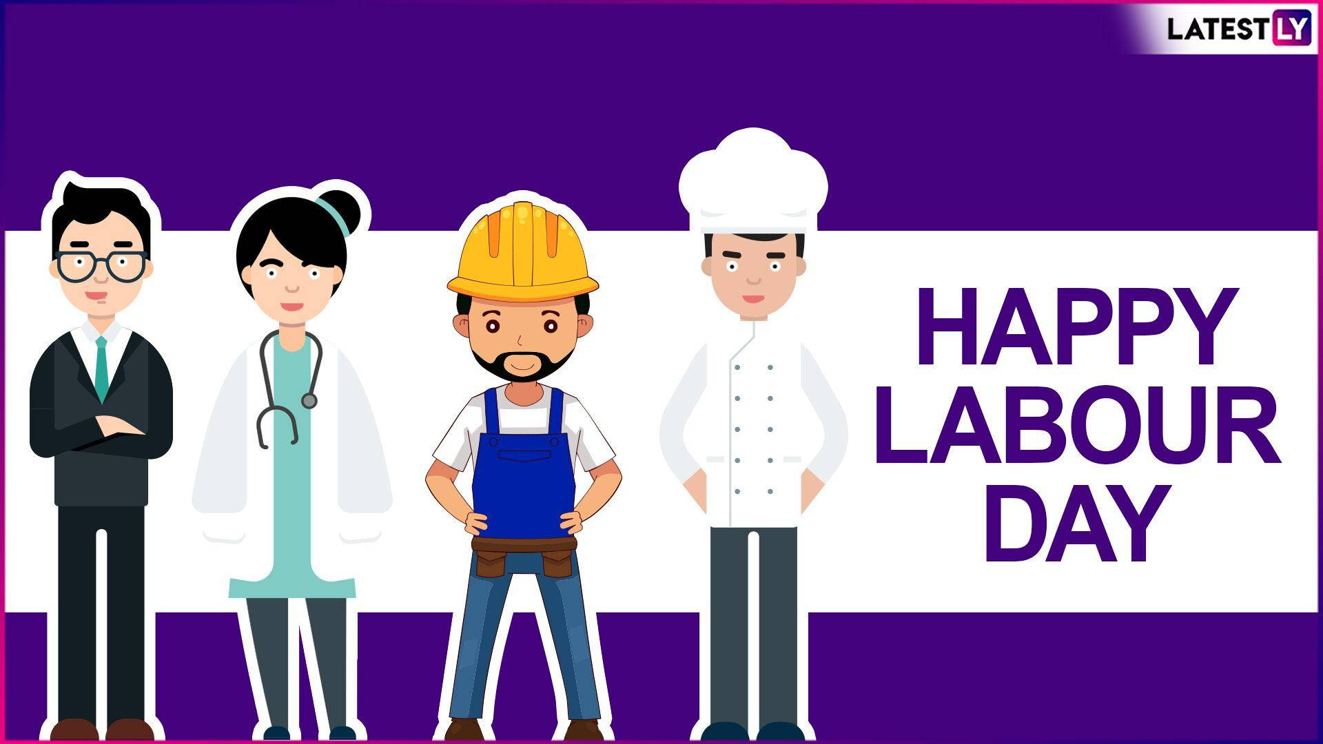Labor 桌布 壁紙 — 四個卡通職業工人自豪地站在紫色和白色背景前，帶有「Happy Labour Day」文字。