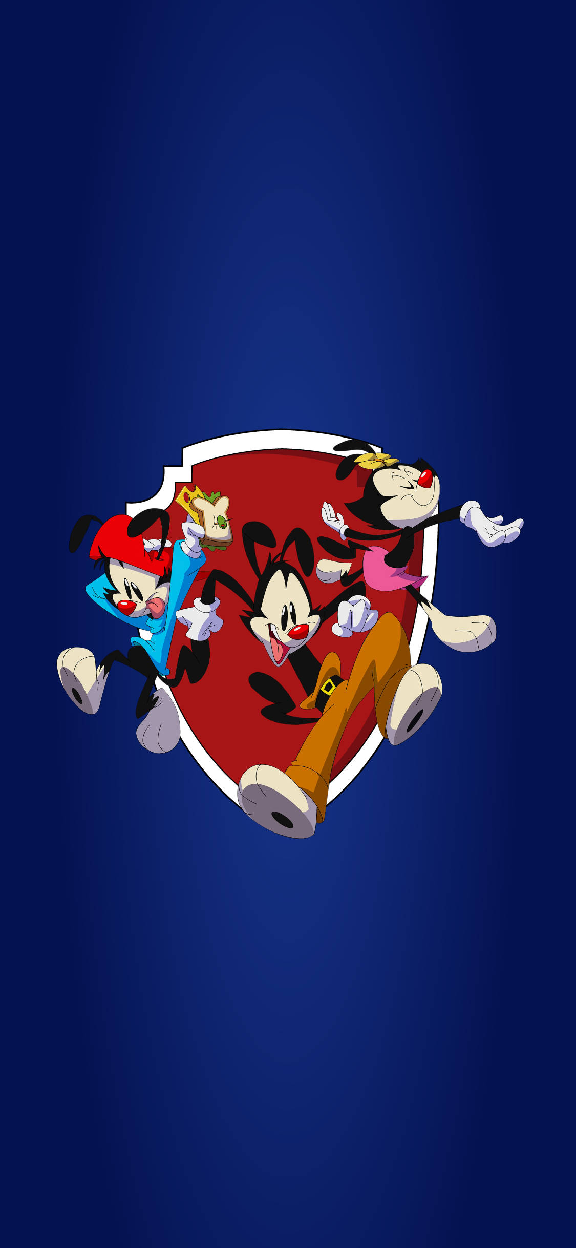 Animaniacs 桌布 壁紙 — 四個卡通角色以動態姿勢從紅色盾牌中衝出，背景為深藍色漸變。