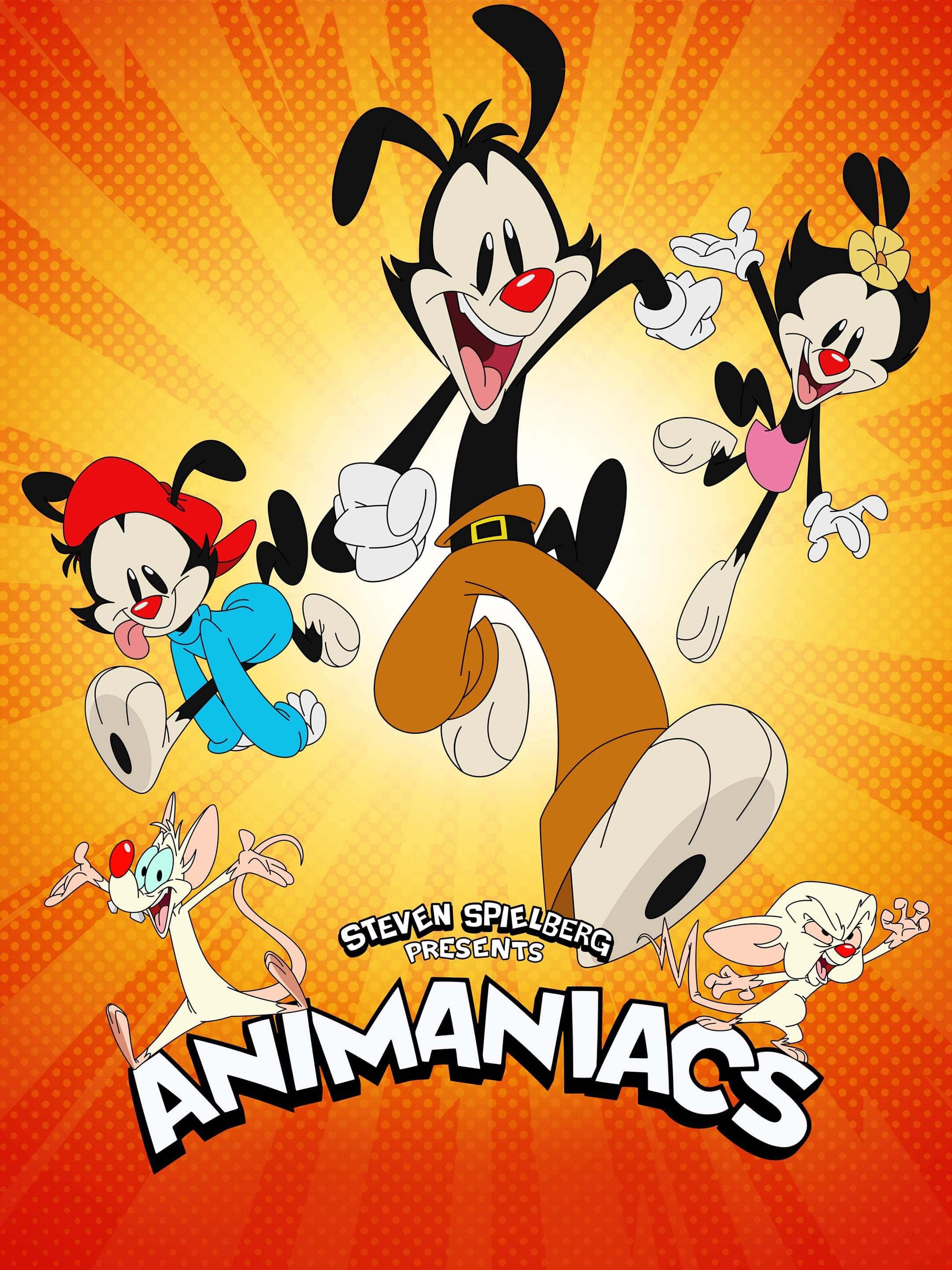 Animaniacs 桌布 壁紙 — 四個卡通角色在充滿活力的橙色太陽爆發背景上，以大膽的漫畫風格歡樂跳躍。