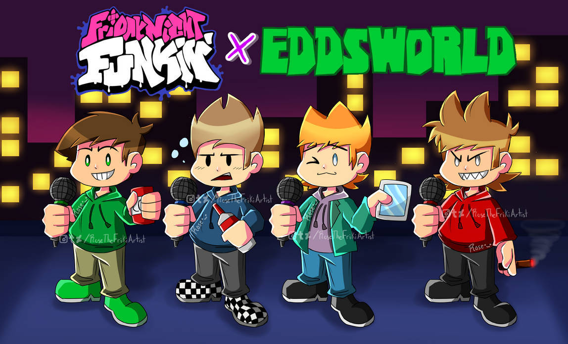 Eddsworld 桌布 壁紙 — 四個卡通角色手持麥克風，站在紫色夜空下閃耀的城市天際線前。