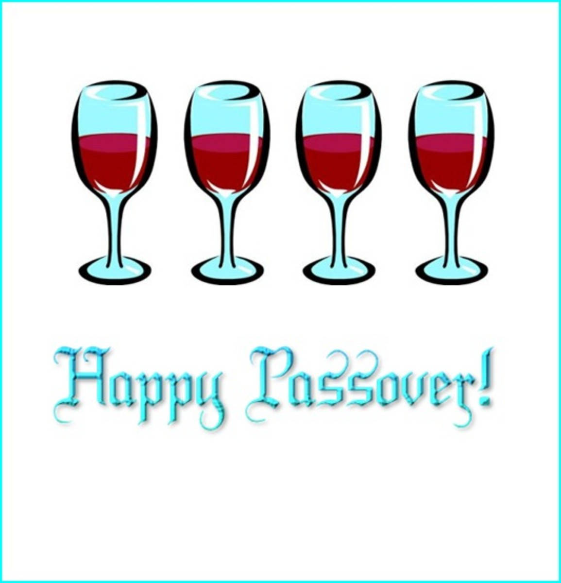 Passover 桌布 壁紙 — 四個卡通酒杯裝滿紅色液體，位於藍色草書文字上方，文字為 Happy Passover！