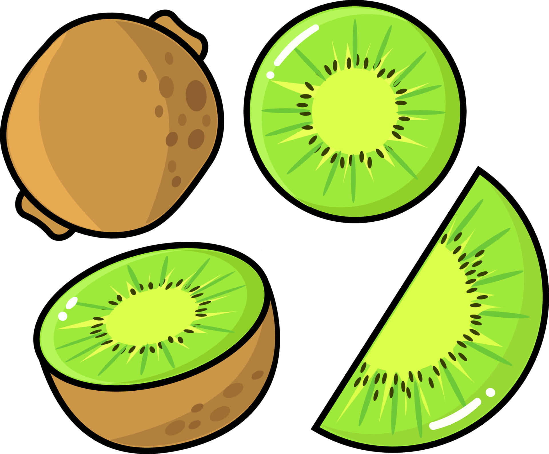 Kiwi 桌布 壁紙 — 四個卡通風格奇異果，展示完整、切半及楔形切面，露出亮綠色果肉和黑色種子。
