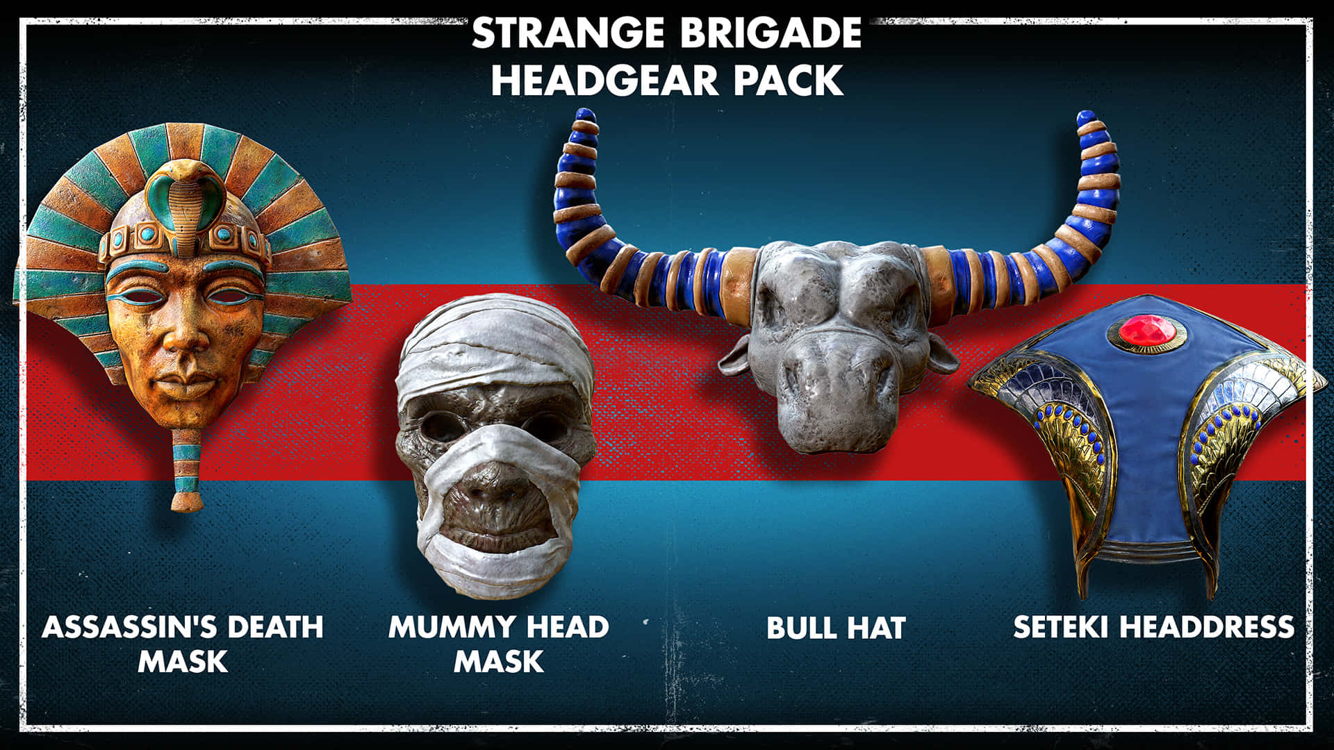 1920x1080 Strange Brigade 桌布 壁紙 — 四個古埃及主題頭飾物品，展示在紅藍條紋背景上，並帶有遊戲標題文字。