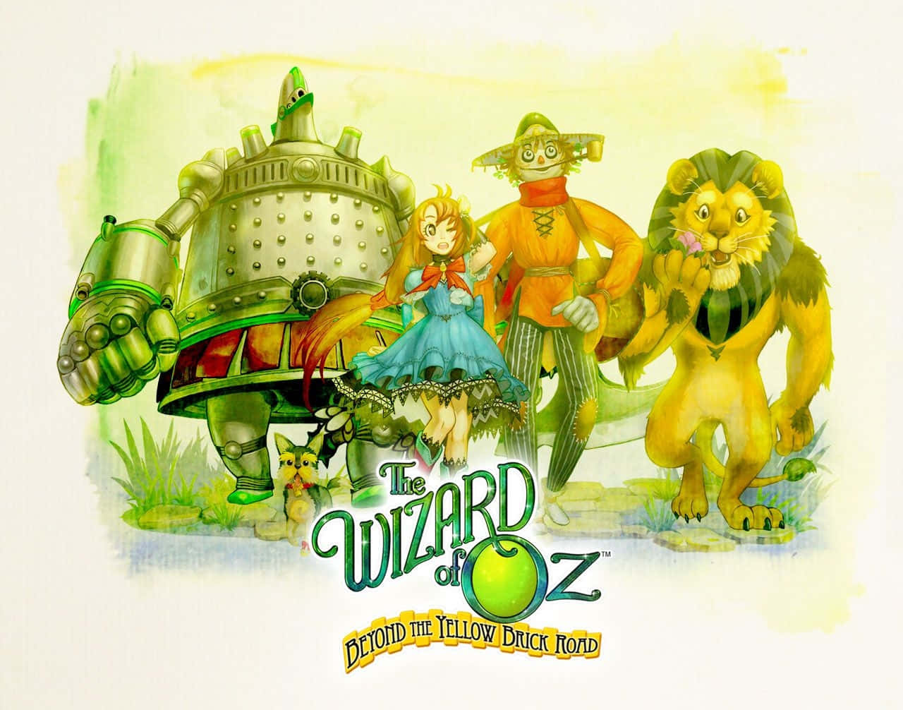 wizard of oz 桌布 壁紙 — 四個古怪的奧茲角色，包括錫人、獅子、稻草人和女孩，一起站在明亮的綠色插圖場景中。