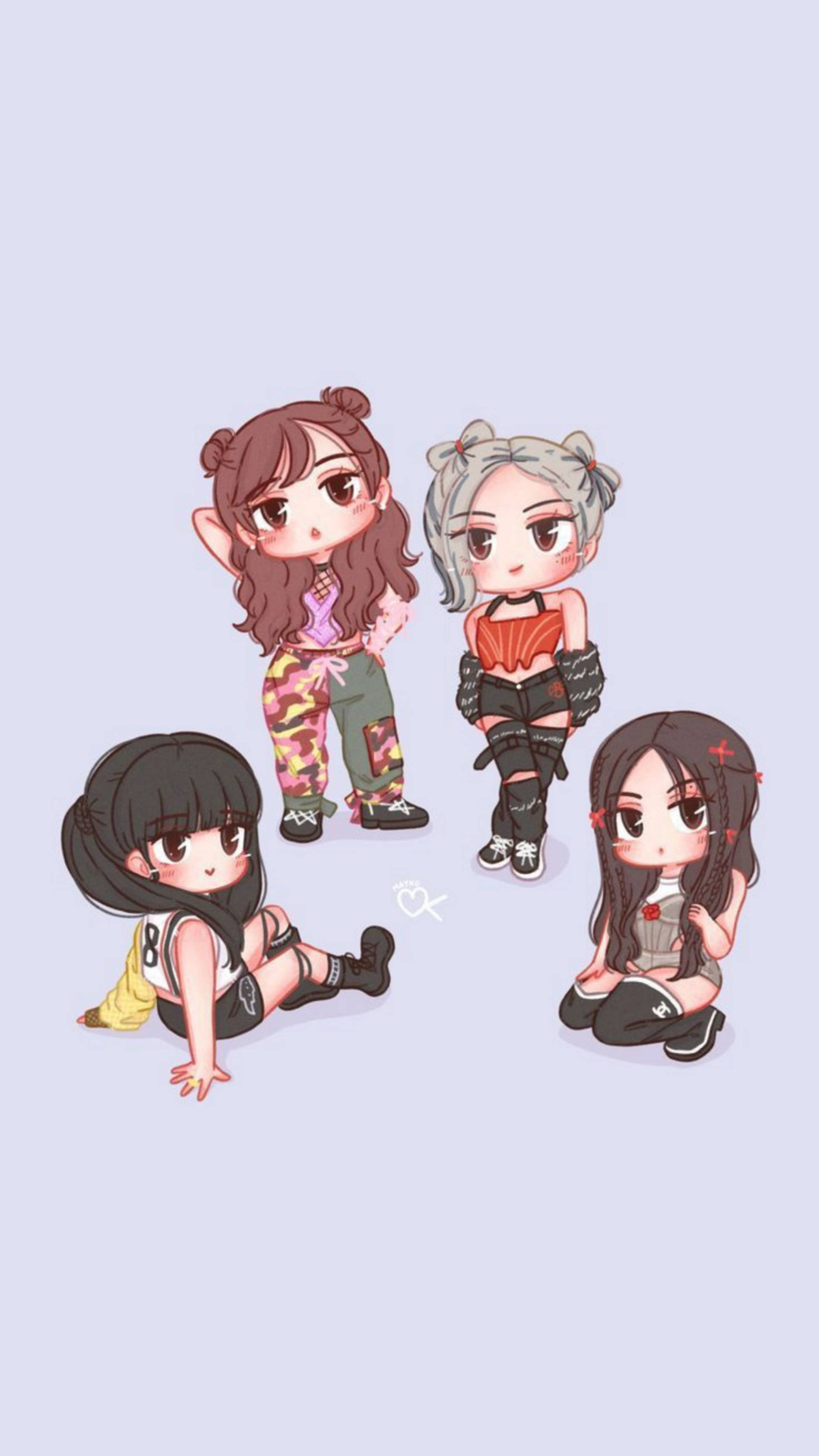 Cute Cartoon 桌布 壁紙 — 四個可愛動漫女孩穿著色彩繽紛的服裝，在柔和的薰衣草背景前擺出俏皮的表情。