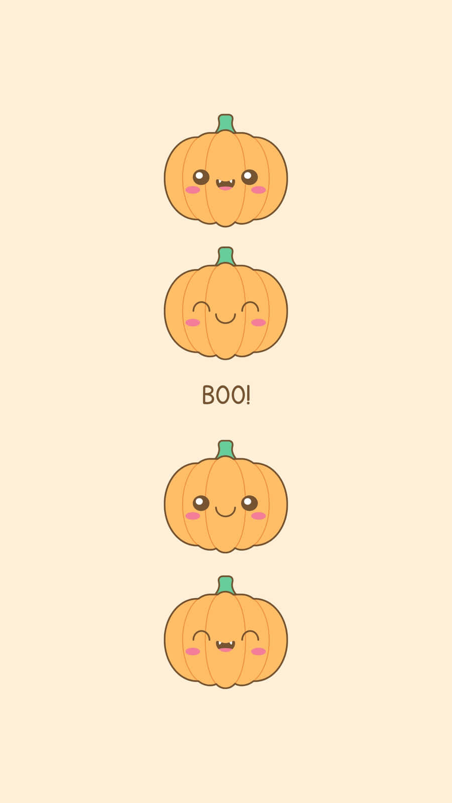 iPhone Cute Halloween 桌布 壁紙 — 四個可愛卡通南瓜，有微笑臉龐和粉紅臉頰，垂直排列，帶有BOO!字樣