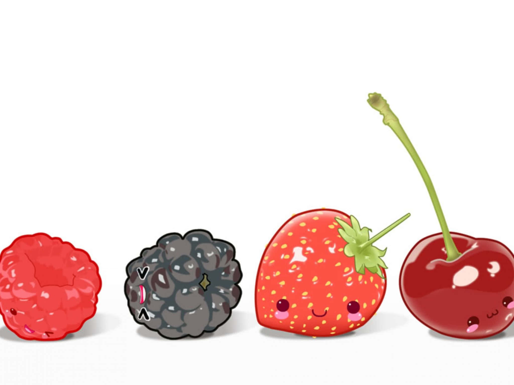 Kawaii Fruit 桌布 壁紙 — 四個可愛插畫風格莓果，帶有微笑臉孔，背景為純白色。