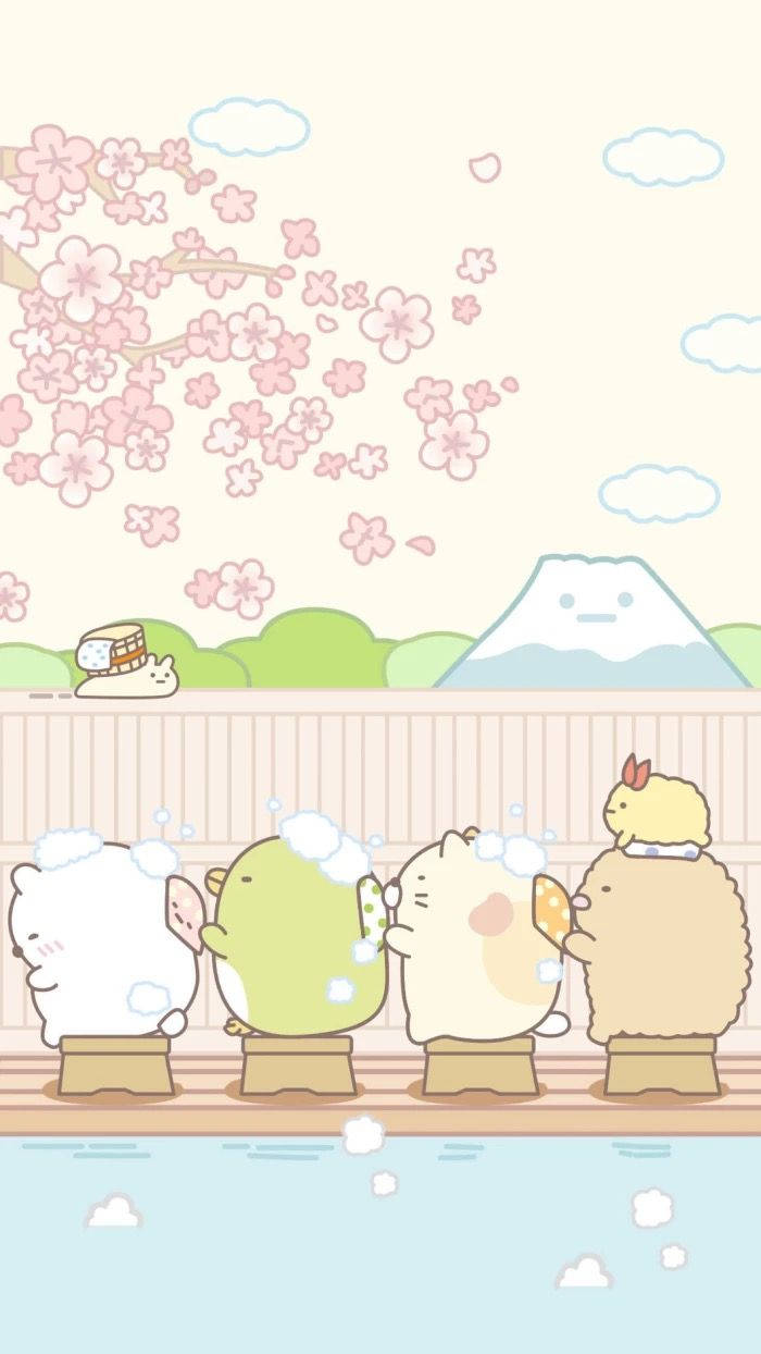 角落生物 桌布 壁紙 — 四個可愛的Sumikko Gurashi角色在富士山背景下，於飄落的櫻花中泡溫泉。