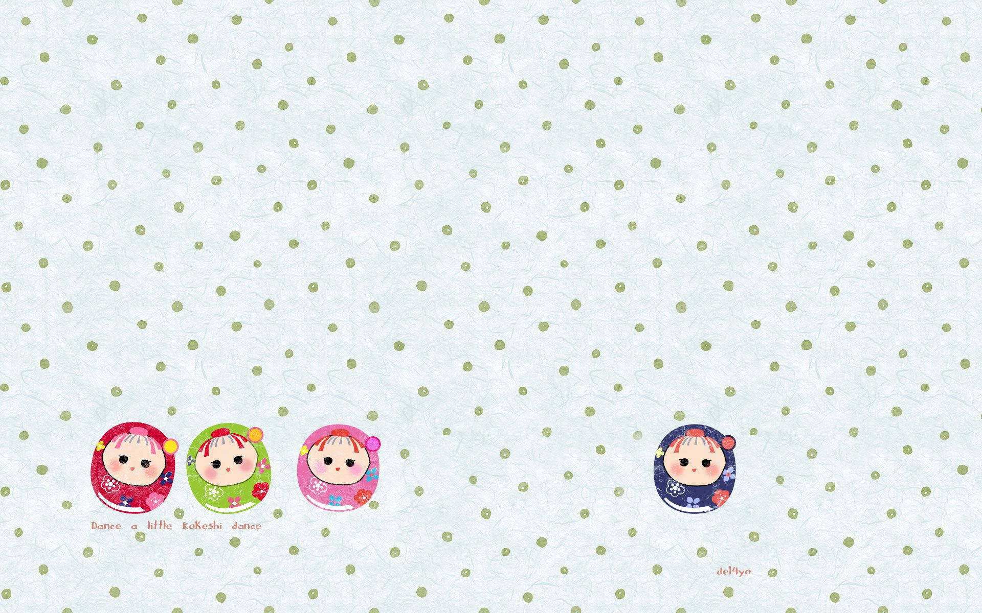 Kawaii iPad 桌布 壁紙 — 四個可愛的傳統木芥子娃娃穿著色彩繽紛的服裝，站在淺藍色圓點背景上，帶有細微紋理。