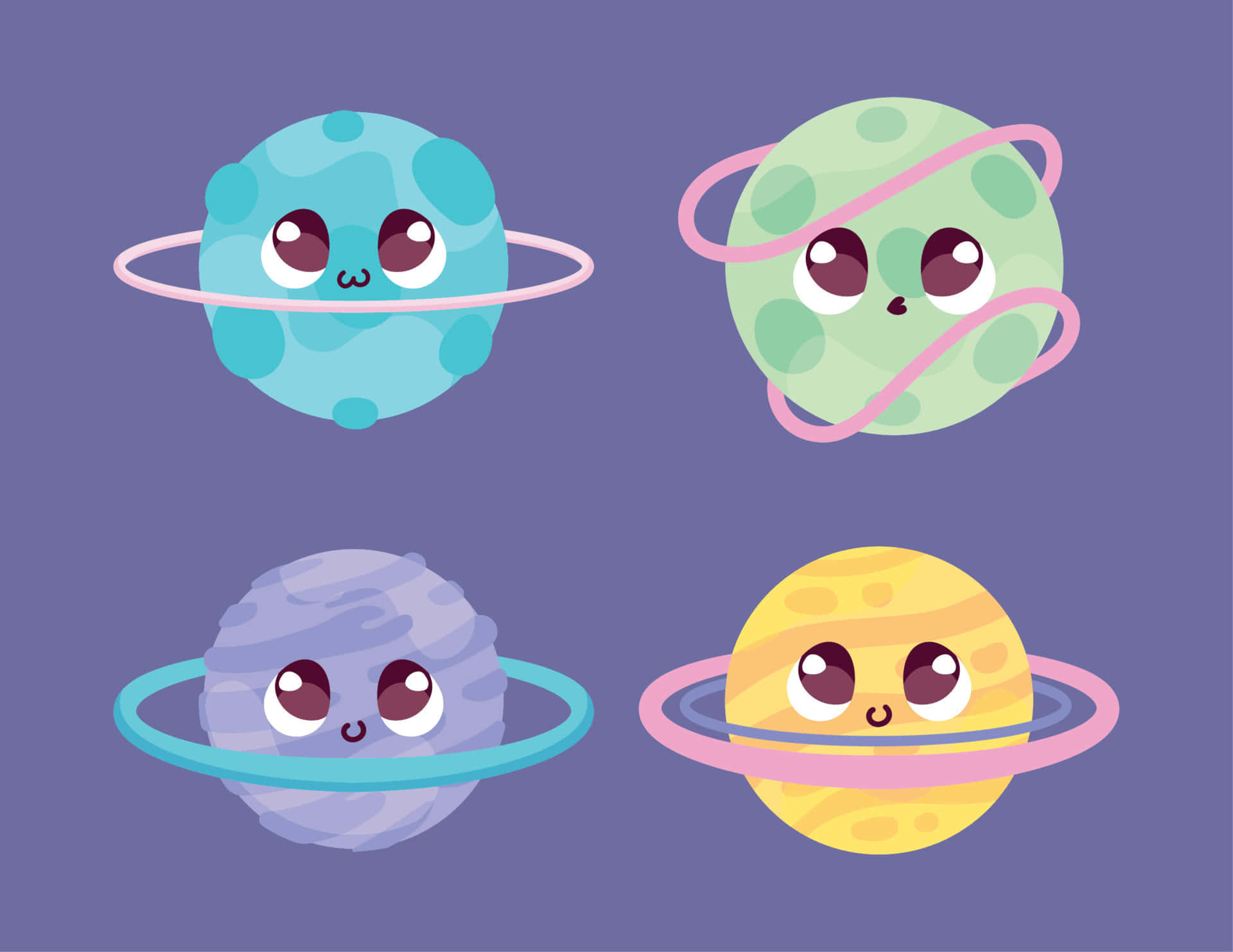 Kawaii Space 桌布 壁紙 — 四個可愛的卡通行星，帶有光環和大眼睛，漂浮在紫色背景上。