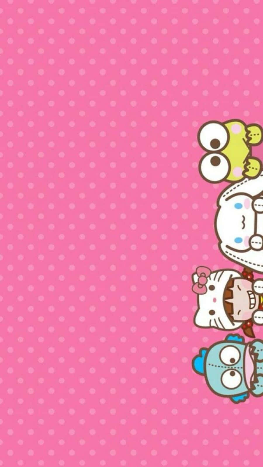 Hello Kitty And Friends 桌布 壁紙 — 四個可愛的卡通角色在粉紅色圓點背景的右邊角落探出頭來。
