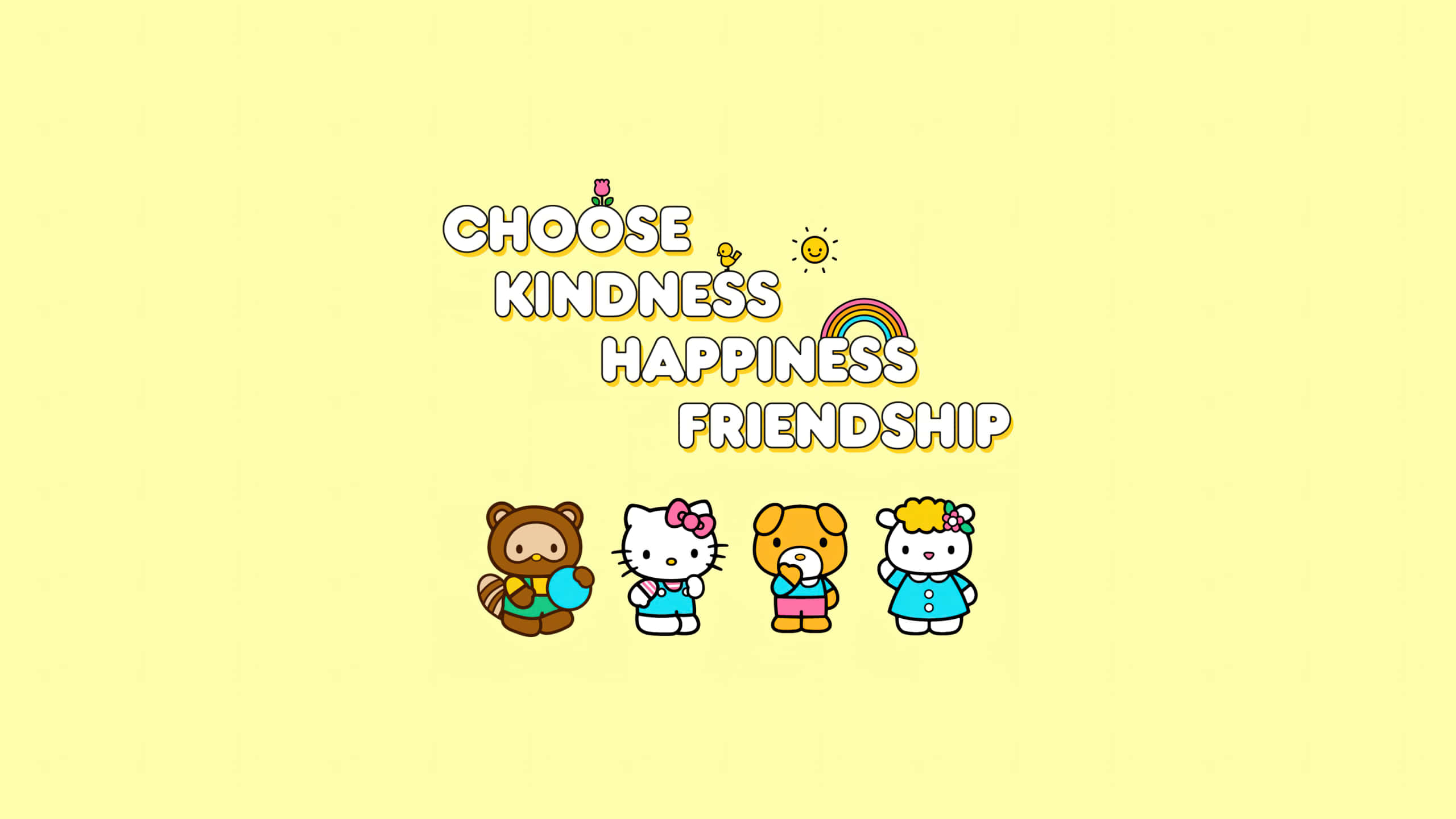 Kindness 桌布 壁紙 — 四個可愛的卡通角色站在柔和黃色背景上振奮人心的文字下方。