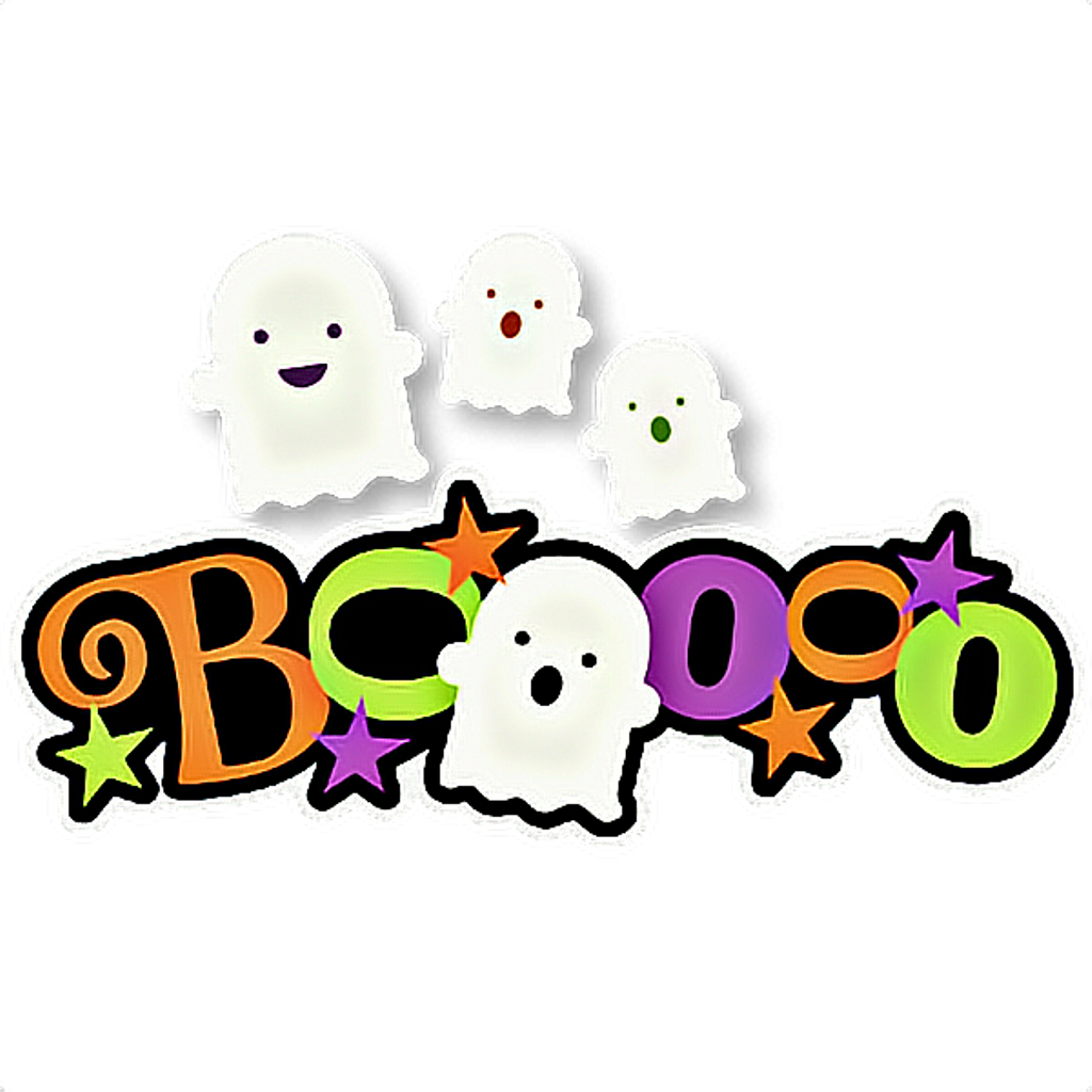 Halloween 桌布 壁紙 — 四個可愛的卡通鬼魂漂浮在色彩繽紛的恐怖字母「BOO」上方，背景為黑色，並有星星點綴。
