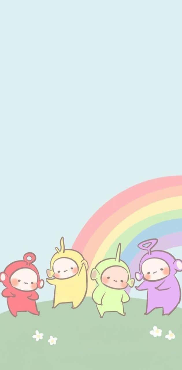 Teletubbies 桌布 壁紙 — 四個可愛的天線寶寶站在草地上，彩虹之下，襯著柔和的藍天和白色花朵。