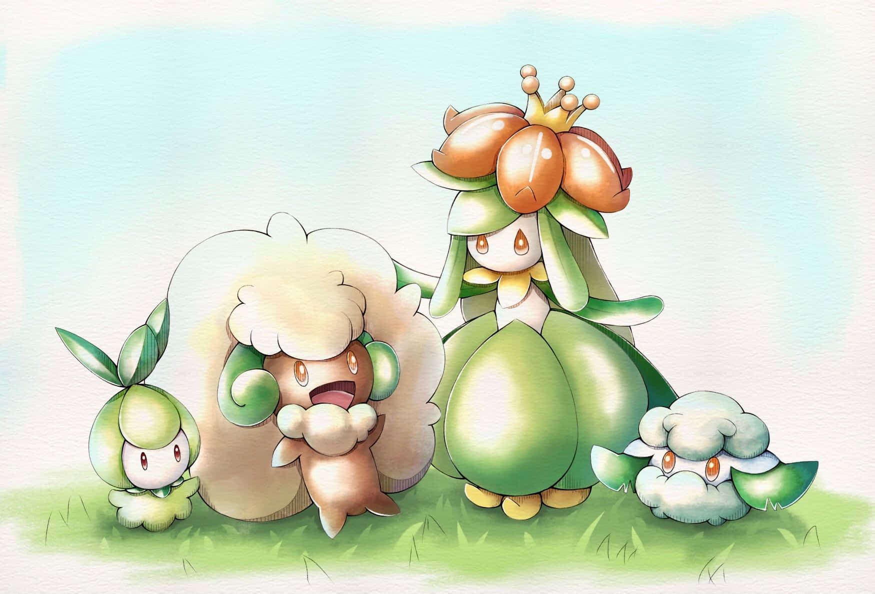 Whimsicott 桌布 壁紙 — 四個可愛的寶可夢角色，有綠色樹葉和 fluffy 白色雲朵，在柔軟藍天下的草地上聚集。