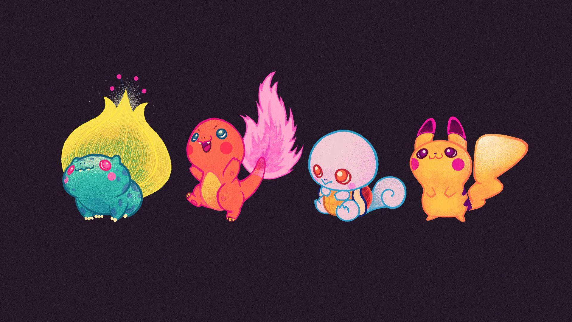 Squirtle 桌布 壁紙 — 四個可愛的寶可夢角色在黑暗背景下發出鮮豔的光芒。