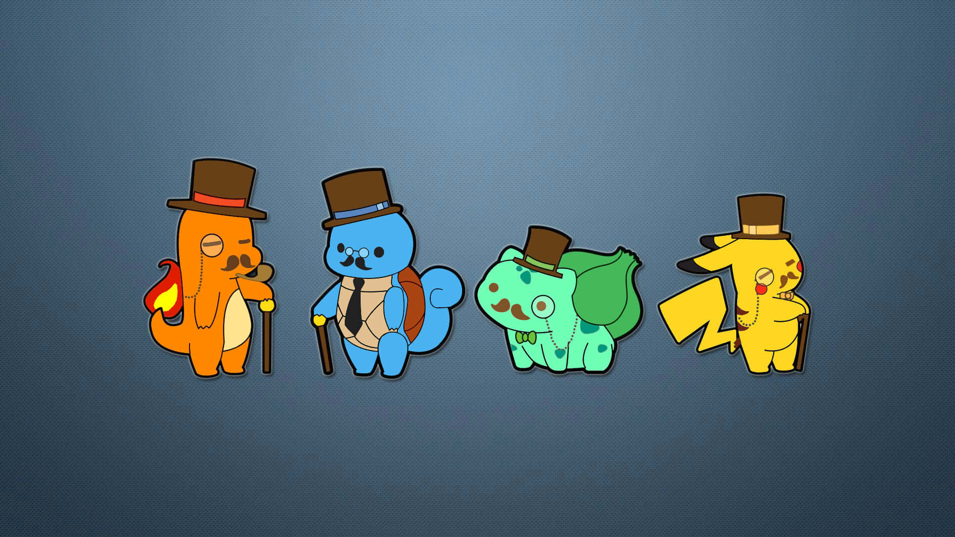 Pokemon Funny 桌布 壁紙 — 四個可愛的寶可夢角色戴著高帽和拐杖，站在有紋理的藍色背景前成一排。
