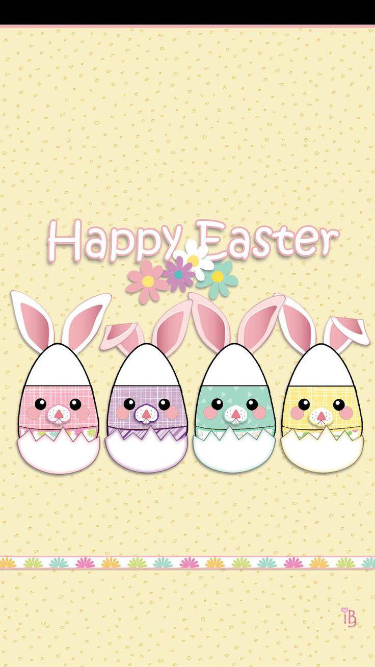 Cute Easter 桌布 壁紙 — 四個可愛的復活節兔蛋角色，帶有粉彩圖案和花朵，位於圓點背景上的「Happy Easter」文字下方。