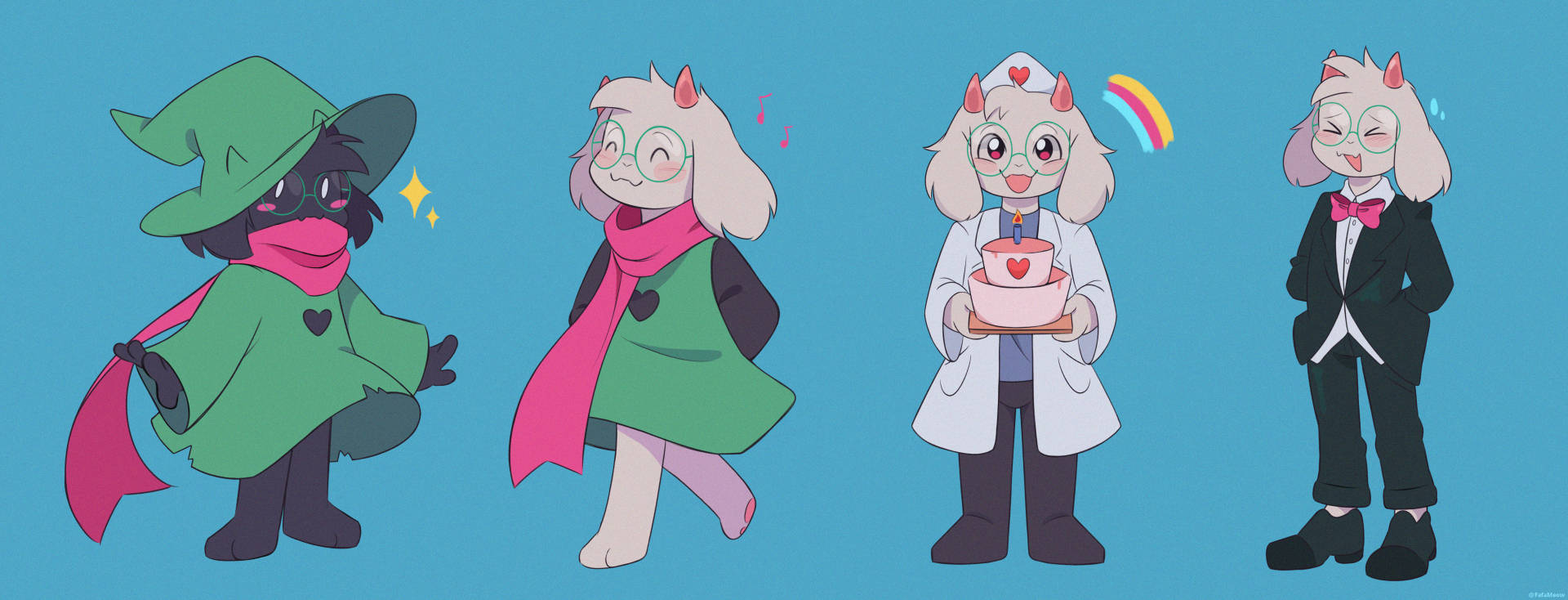 Ralsei 桌布 壁紙 — 四個可愛的擬人化角色穿著古怪的服裝，在純藍色背景前擺姿勢。