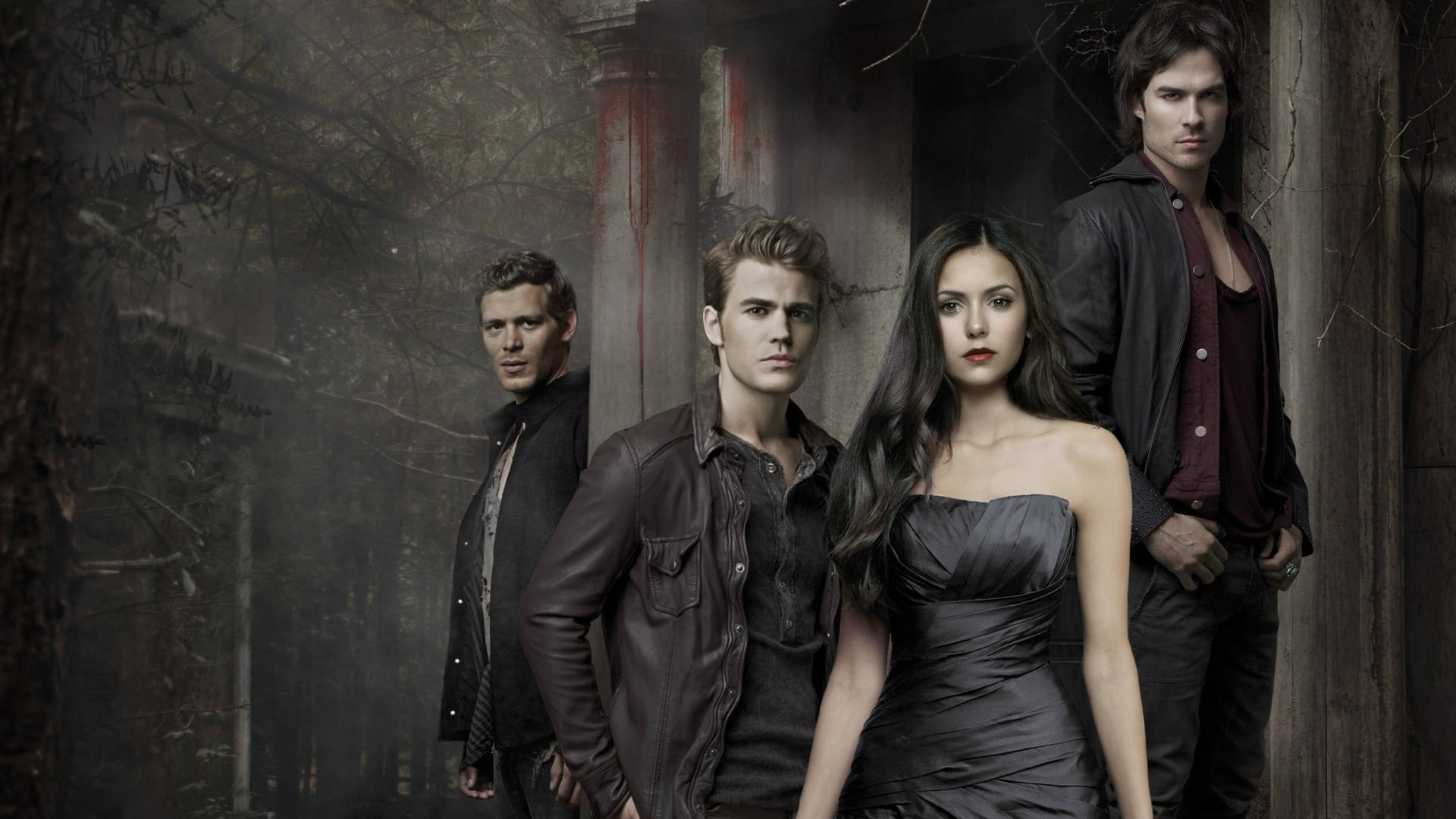 The Vampire Diaries 桌布 壁紙 — 四個吸血鬼站在一個霧氣瀰漫、破敗的廢墟中，身後有血跡斑斑的柱子和黑暗的樹木。