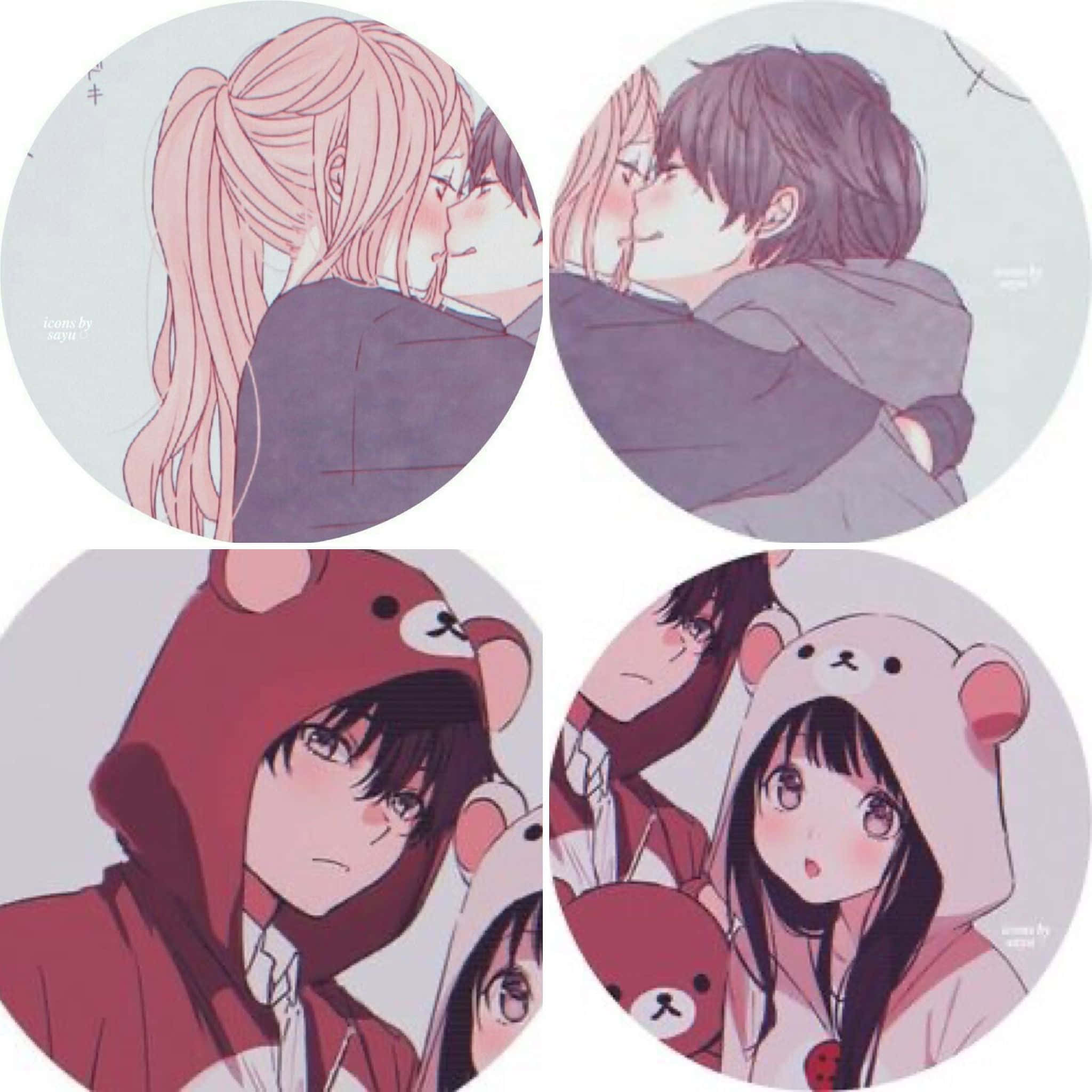 Hoodie 桌布 壁紙 — 四個圓形動漫風格面板展示情侶的溫馨時刻，有些在接吻，有些穿著小熊連帽衫，帶有柔和的粉紅色和紫色色調。