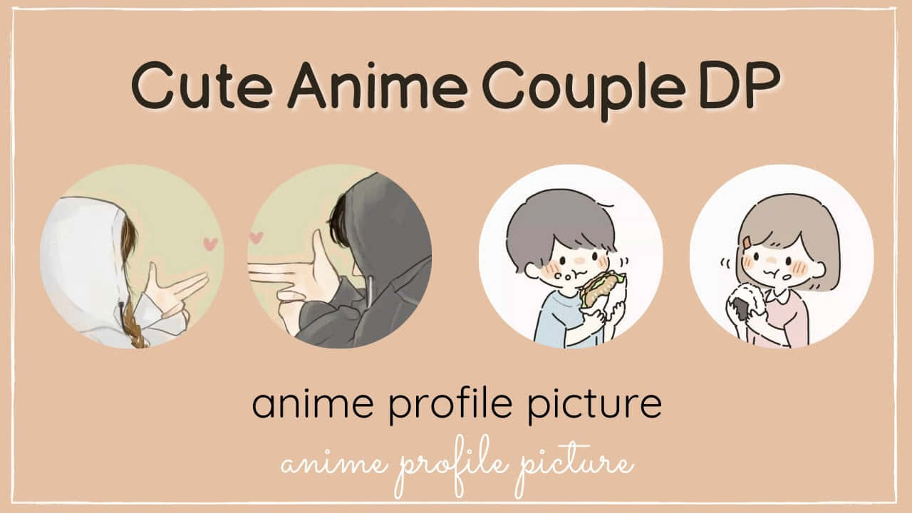 Matching Couple Profile 桌布 壁紙 — 四個圓形動漫風格頭像，展示一對可愛情侶在柔和蜜桃色背景上做出心形手勢和吃零食。