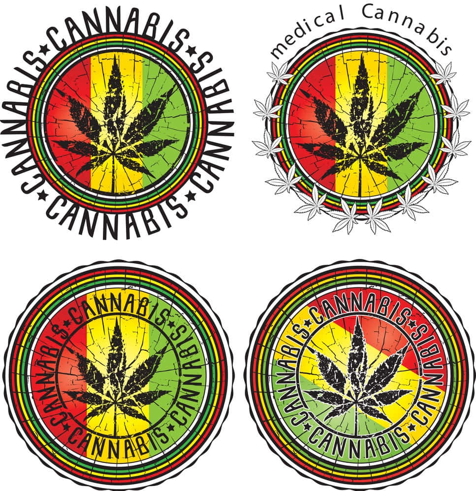 Jamaica 桌布 壁紙 — 四個圓形大麻主題貼紙，帶有拉斯塔法里顏色和葉子圖案，呈現破舊風格。