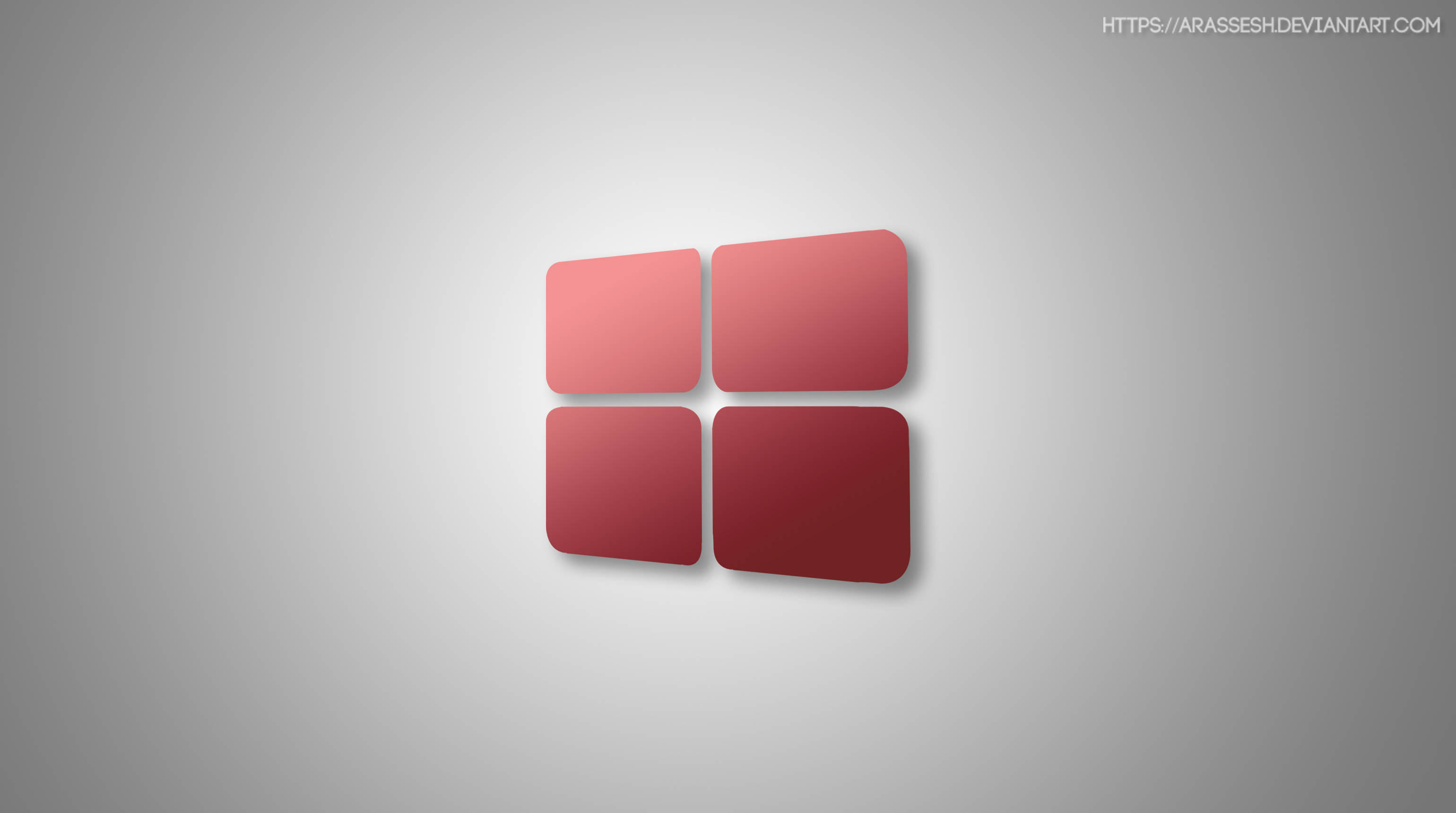 Windows 10 高畫質 桌布 壁紙 — 四個圓角紅色正方形以窗戶圖案排列，在漸變灰色背景上帶有柔和陰影。
