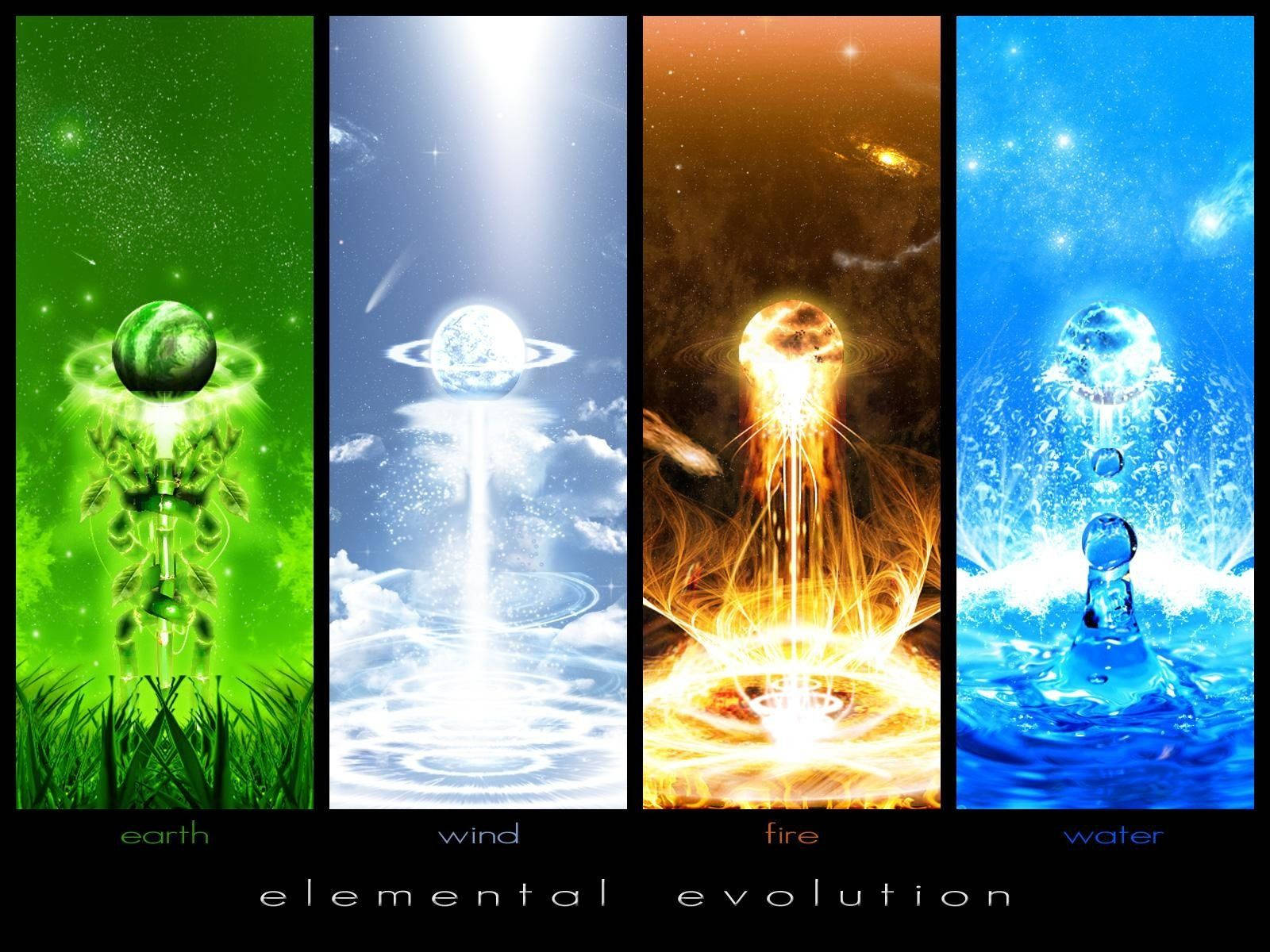 element 桌布 壁紙 — 四個垂直面板描繪了地、風、火、水，作為發光的元素球體懸浮在它們各自的宇宙或自然領域之上。