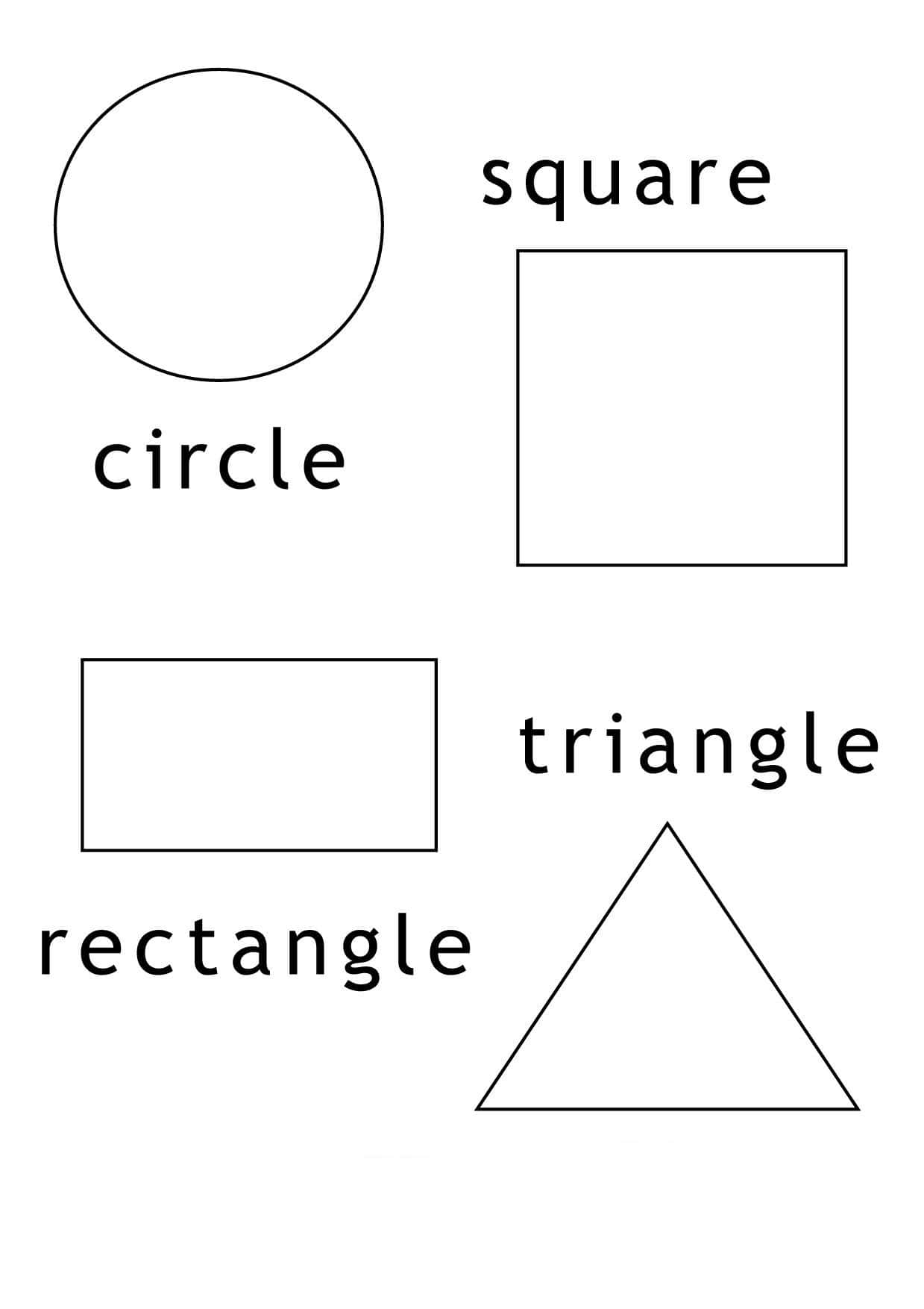 Shapes 桌布 壁紙 — 四個基本幾何形狀：圓形、正方形、長方形和三角形，以黑色文字標示在白色背景上。