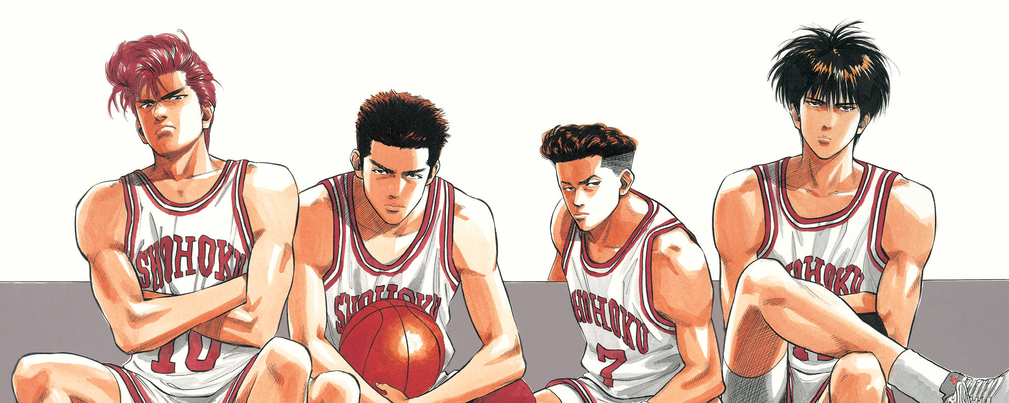Slam 桌布 壁紙 — 四個堅定的動漫籃球運動員穿著白色湘北球衣，拿著球坐著，目光專注地向前凝視。