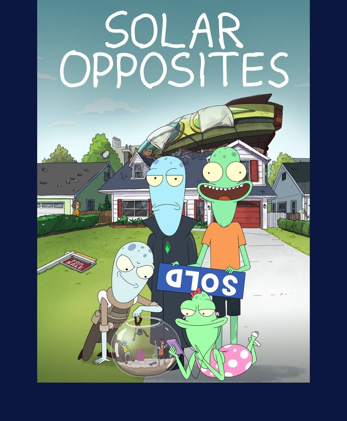 Animated 桌布 壁紙 — 四個外星人角色站在郊區庭院中，手持一個已售標誌，屋頂上停著一艘太空船。
