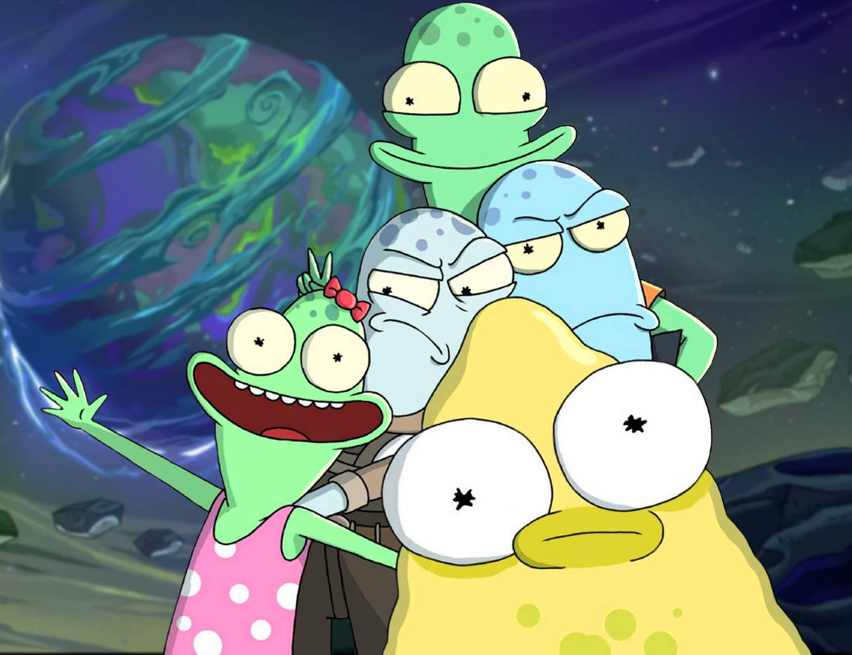 Animated 桌布 壁紙 — 四個大眼睛、表情各異的卡通外星人，在旋轉的宇宙背景下一起擺姿勢。