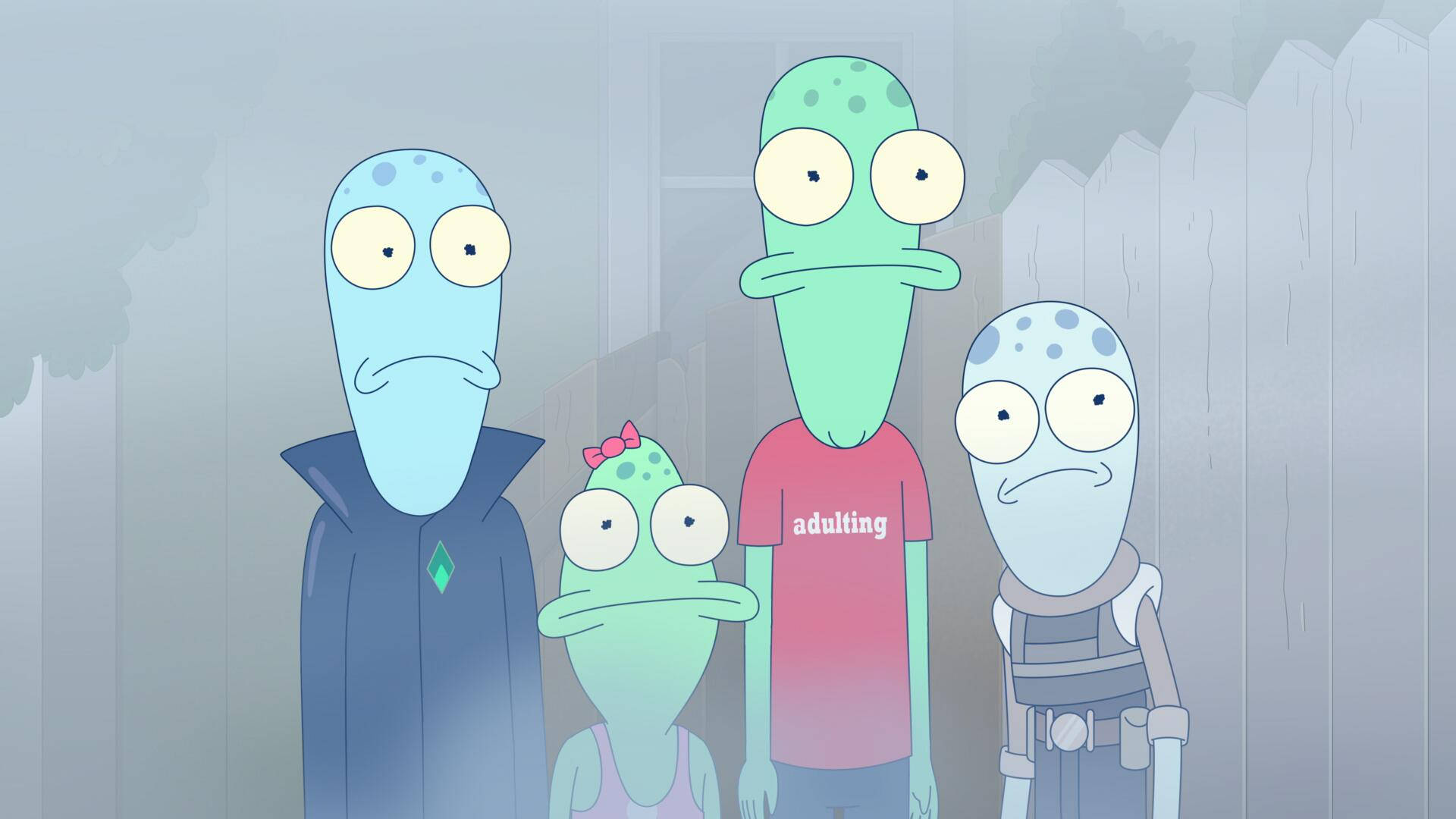 Animated 桌布 壁紙 — 四個大眼睛的外星角色站在霧氣瀰漫的後院，其中一個穿著印有「adulting」字樣的襯衫。