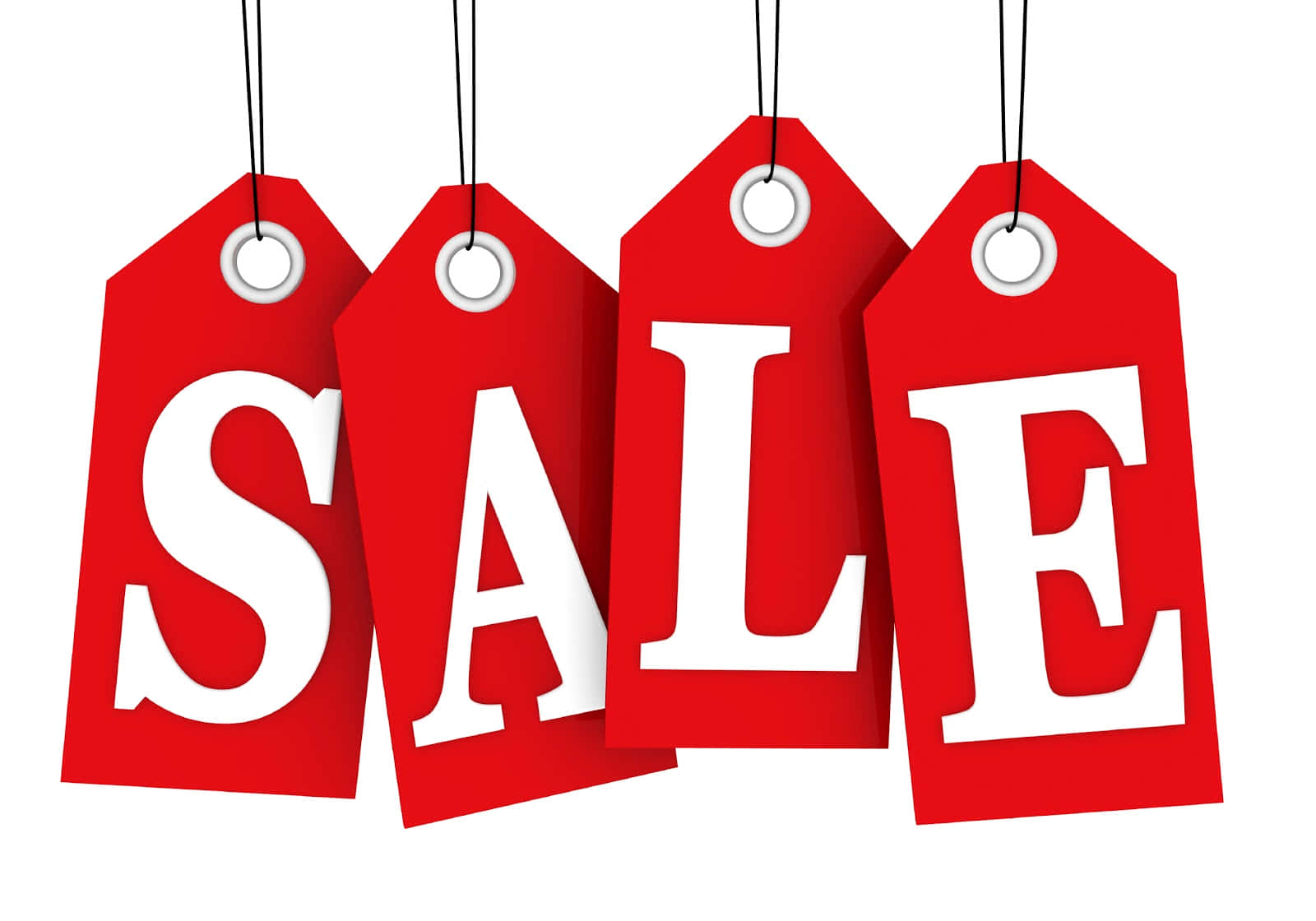 Sales 桌布 壁紙 — 四個大膽的紅色促銷標籤掛在一排，背景為乾淨的白色，帶有白色文字。