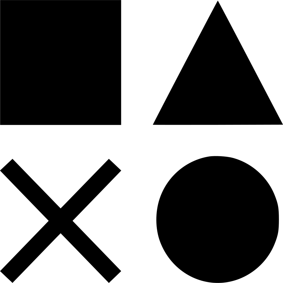 PlayStation 桌布 壁紙 — 四個大膽的黑色幾何形狀：正方形、三角形、圓形和十字，排列在純白色背景上。
