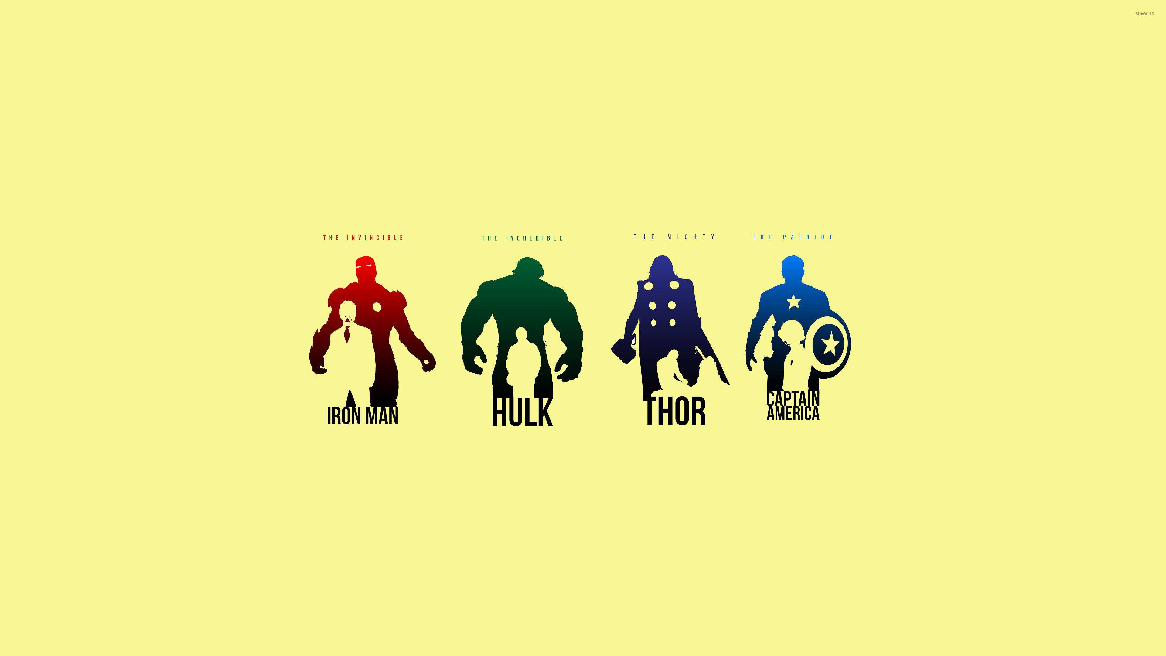 Marvel Minimalist 桌布 壁紙 — 四個大膽顏色的超級英雄剪影站在淡黃色背景上，下方有他們的名字。