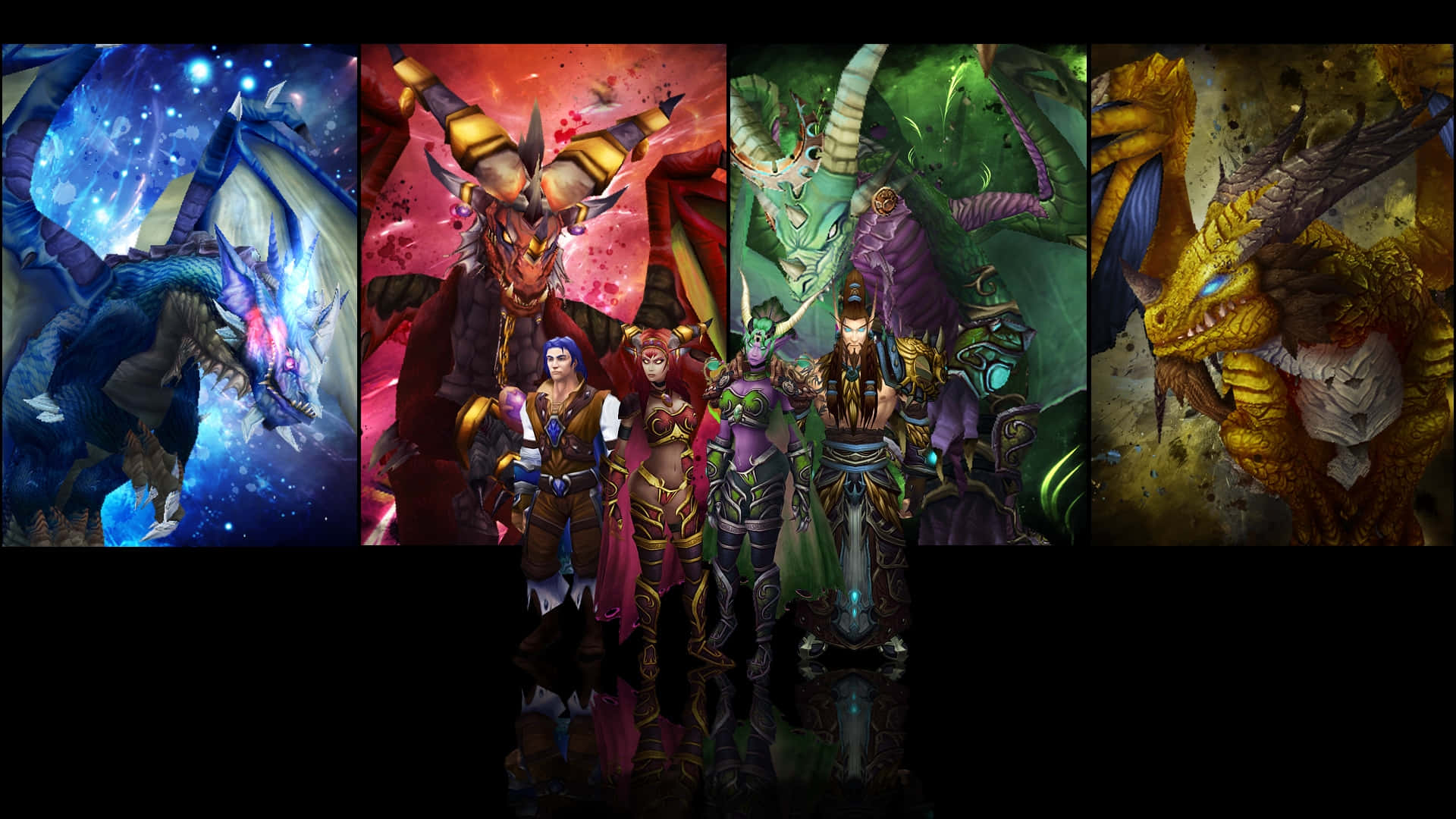 World Of Warcraft Races 桌布 壁紙 — 四個奇幻龍與英雄站在充滿活力、戲劇性的面板中，背景是宇宙和神秘的場景。