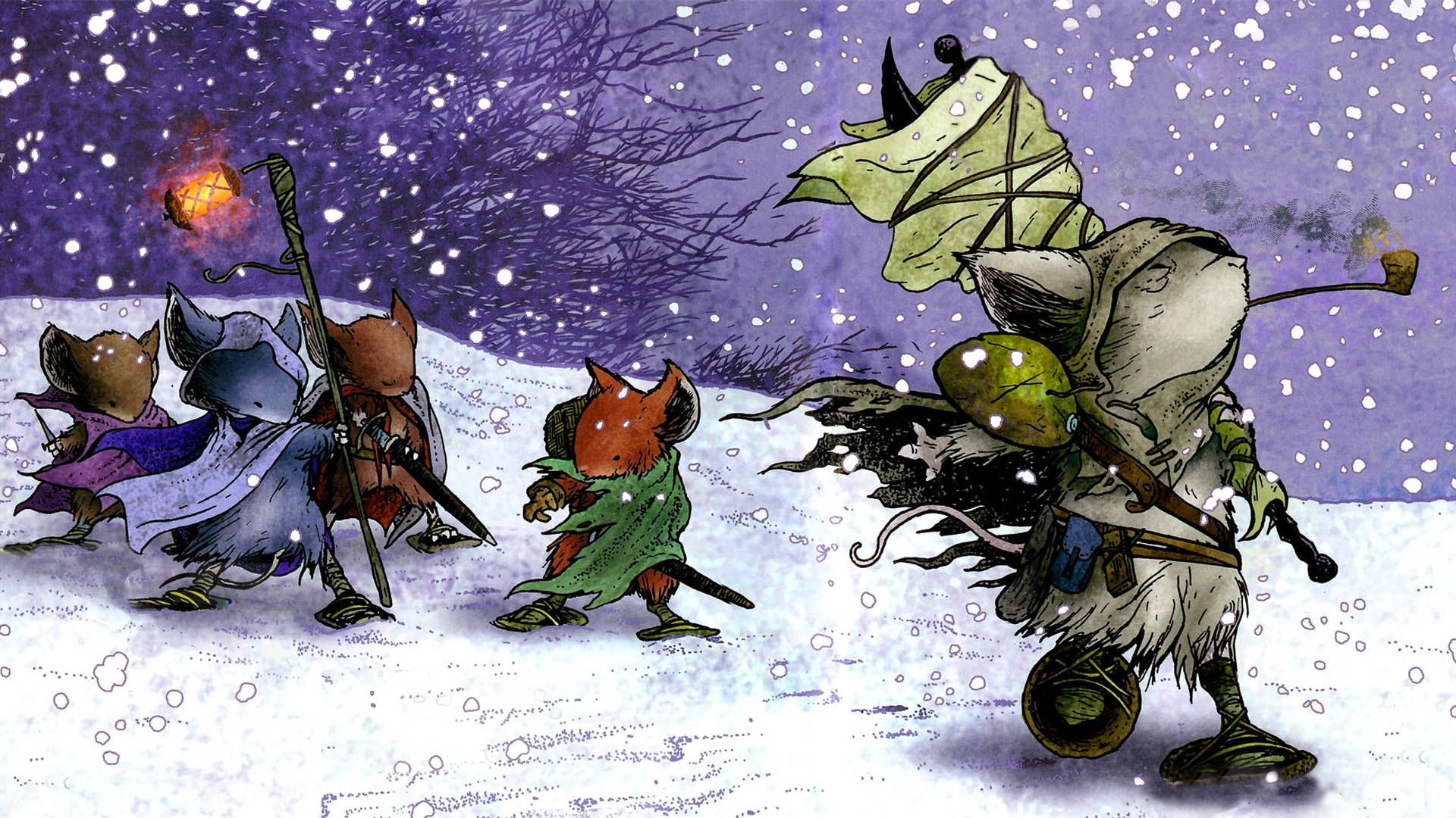 Mouse 桌布 壁紙 — 四個奇特的擬人化生物在夜晚穿越雪地森林，天空呈紫色，雪花飄落。