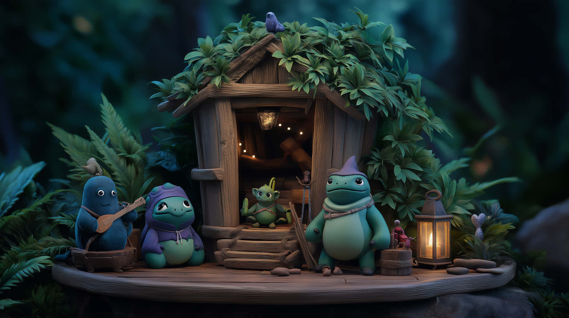 Forest Frog Village 壁紙 — 四個奇特的森林生物聚集在一個長滿青苔的木屋周圍，木屋在鬱鬱蔥蔥的暮色中閃爍著燈籠的光芒。