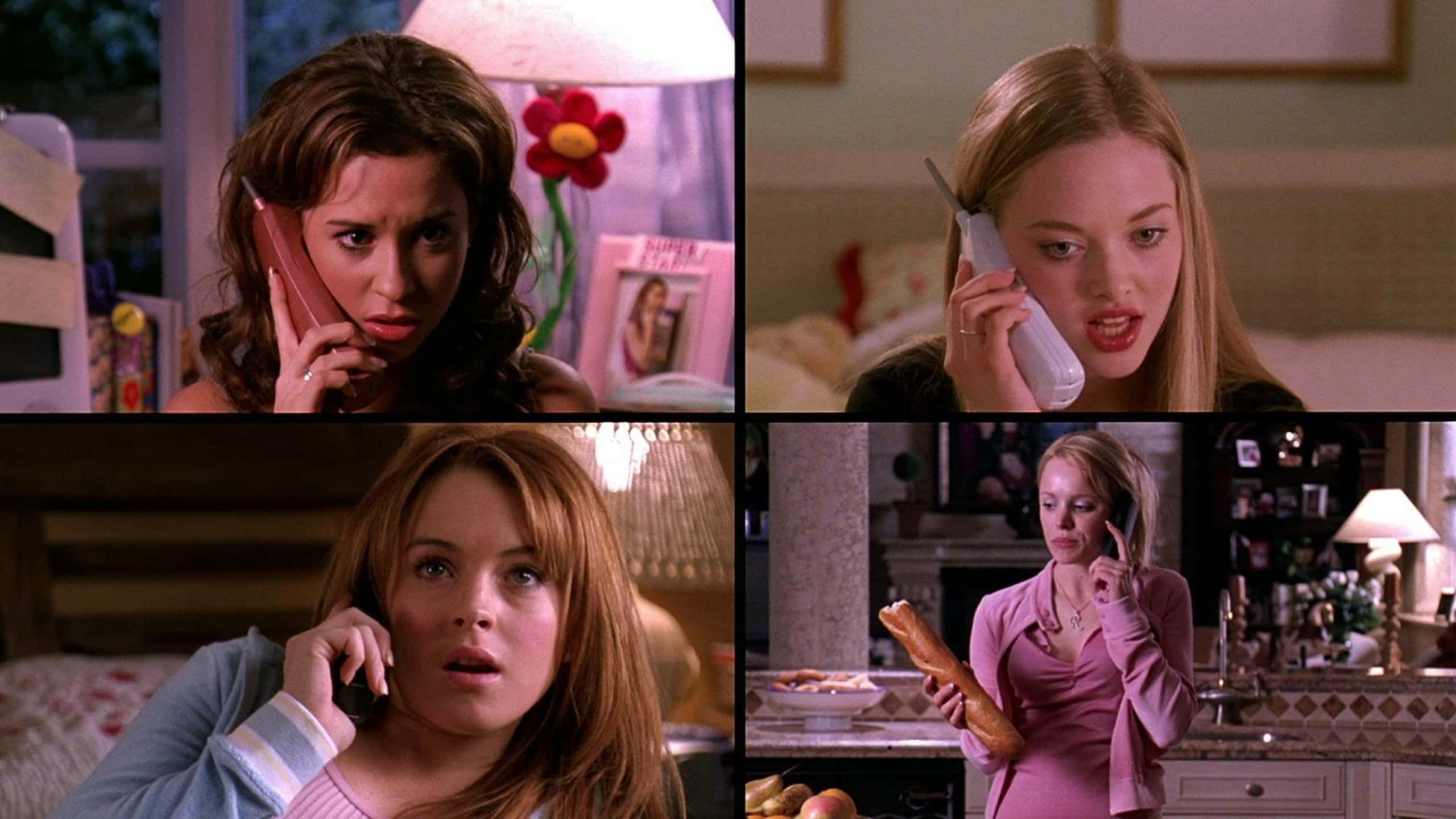 mean girls 桌布 壁紙 — 四個女性分別在室內場景中通電話時表現出震驚和擔憂的反應。