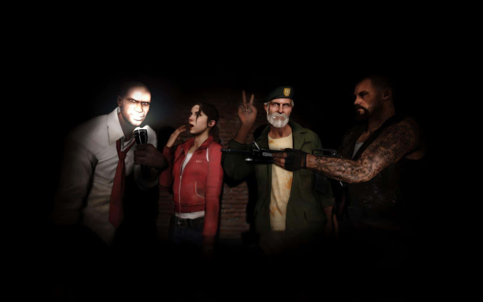 Left 4 Dead Characters 桌布 壁紙 — 四個威脅性人物在黑暗房間中，被手電筒和槍械瞄準器照亮，營造出緊張的對峙局面。