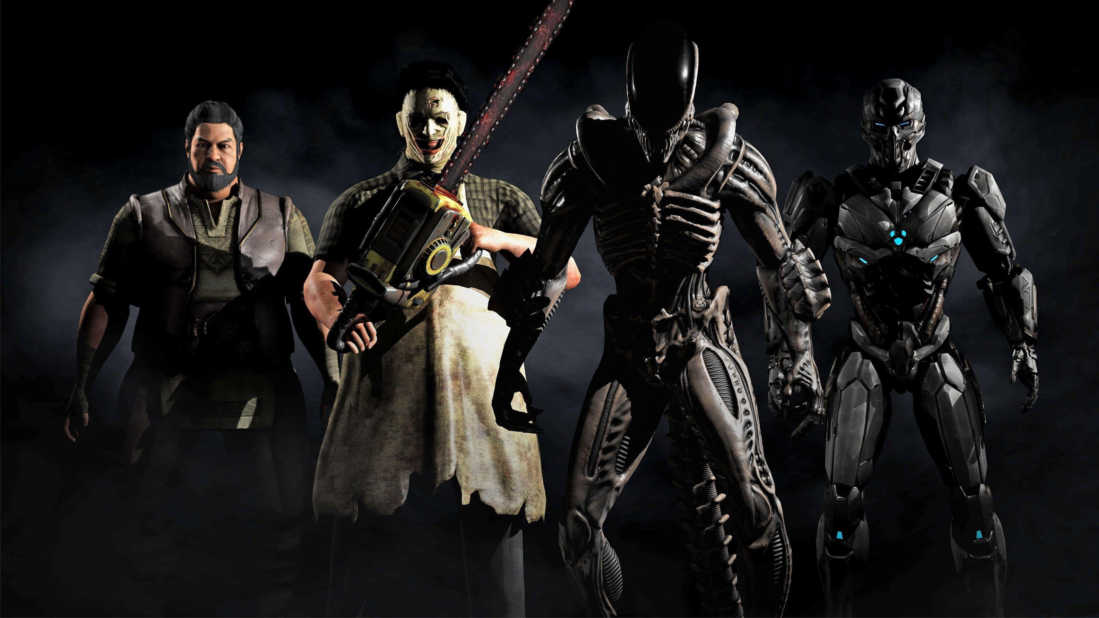 Mortal Kombat Triborg 桌布 壁紙 — 四個威脅性的恐怖角色站在黑暗煙霧瀰漫的場景中，他們的盔甲和武器帶有發光的藍色點綴。