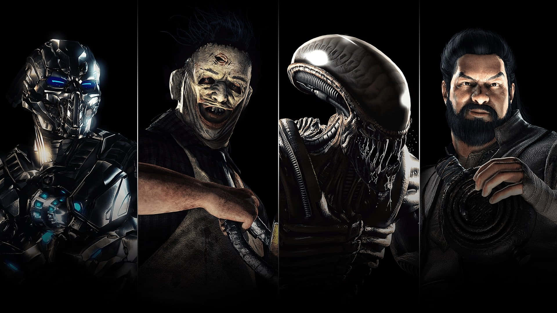 Mortal Kombat Triborg 桌布 壁紙 — 四個威脅性的科幻角色，包括一個機器人、一個蒙面人、一個外星人和一個鬍鬚戰士，以黑暗戲劇性的姿勢站立。