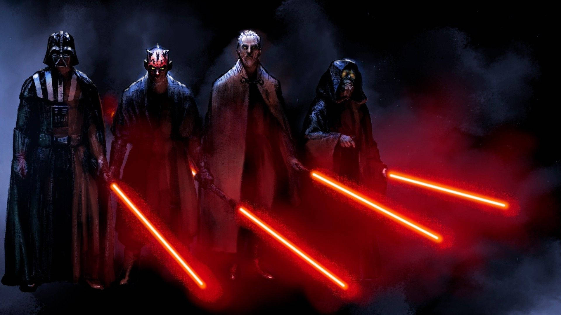 Sith 桌布 壁紙 — 四個威脅性的西斯尊主站在黑煙中，揮舞著發光的紅色光劍，呈現戲劇性的電影姿勢。