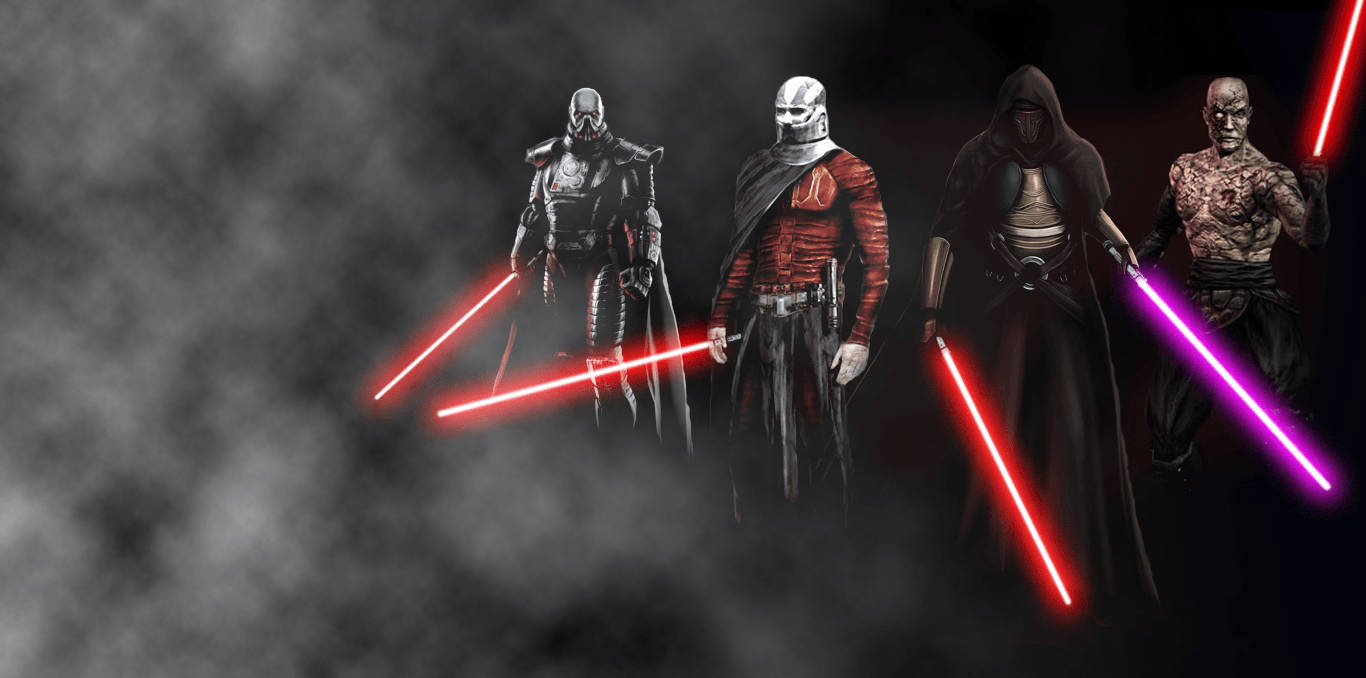 Sith 桌布 壁紙 — 四個威脅性的西斯戰士手持紅色和紫色光劍，站在煙霧瀰漫的黑暗中，散發黑暗力量。