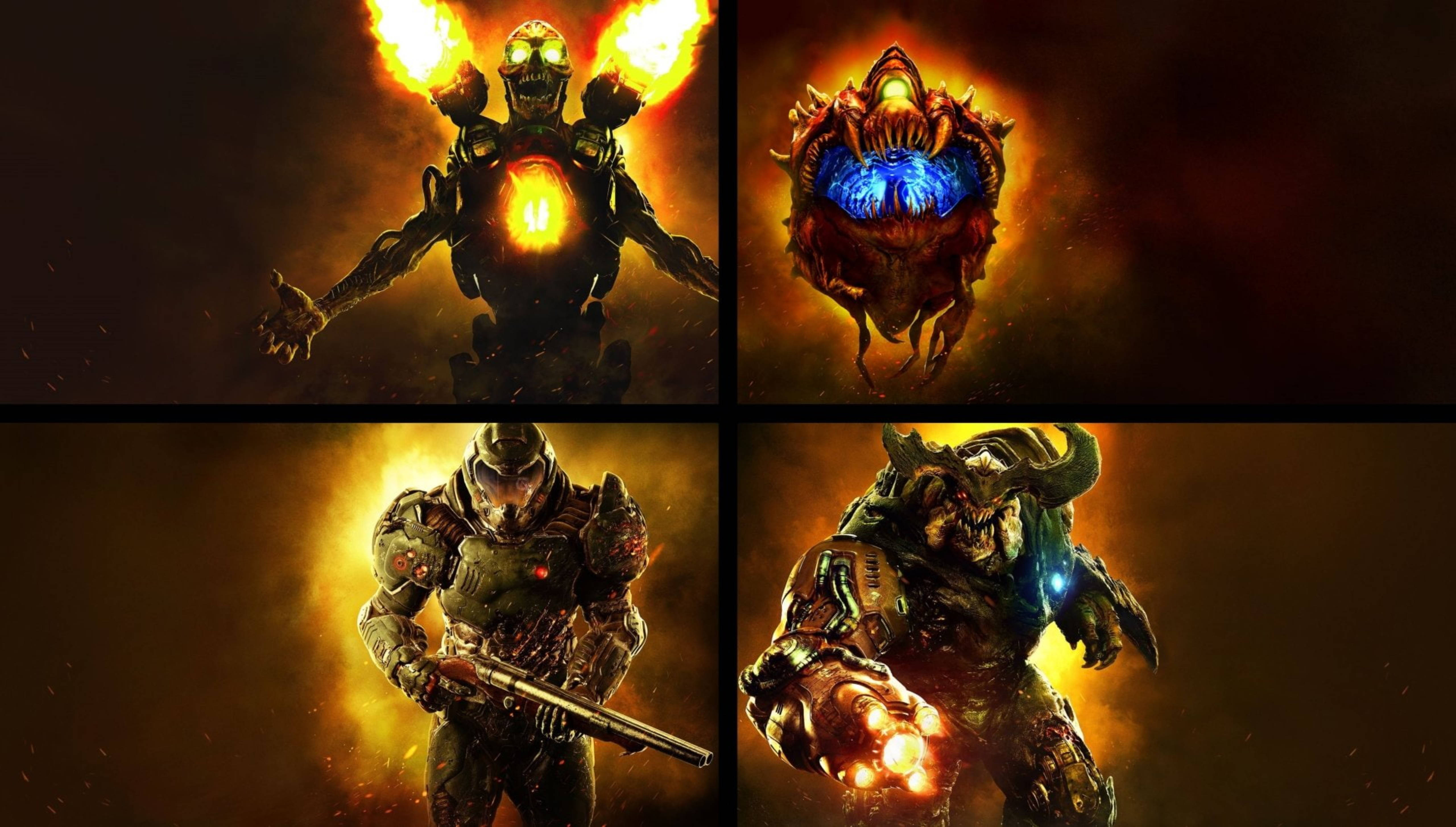 Doomguy 桌布 壁紙 — 四個威脅性的遊戲角色在黑暗背景下以熾熱能量發光，構成戲劇性的奇幻戰鬥場景。