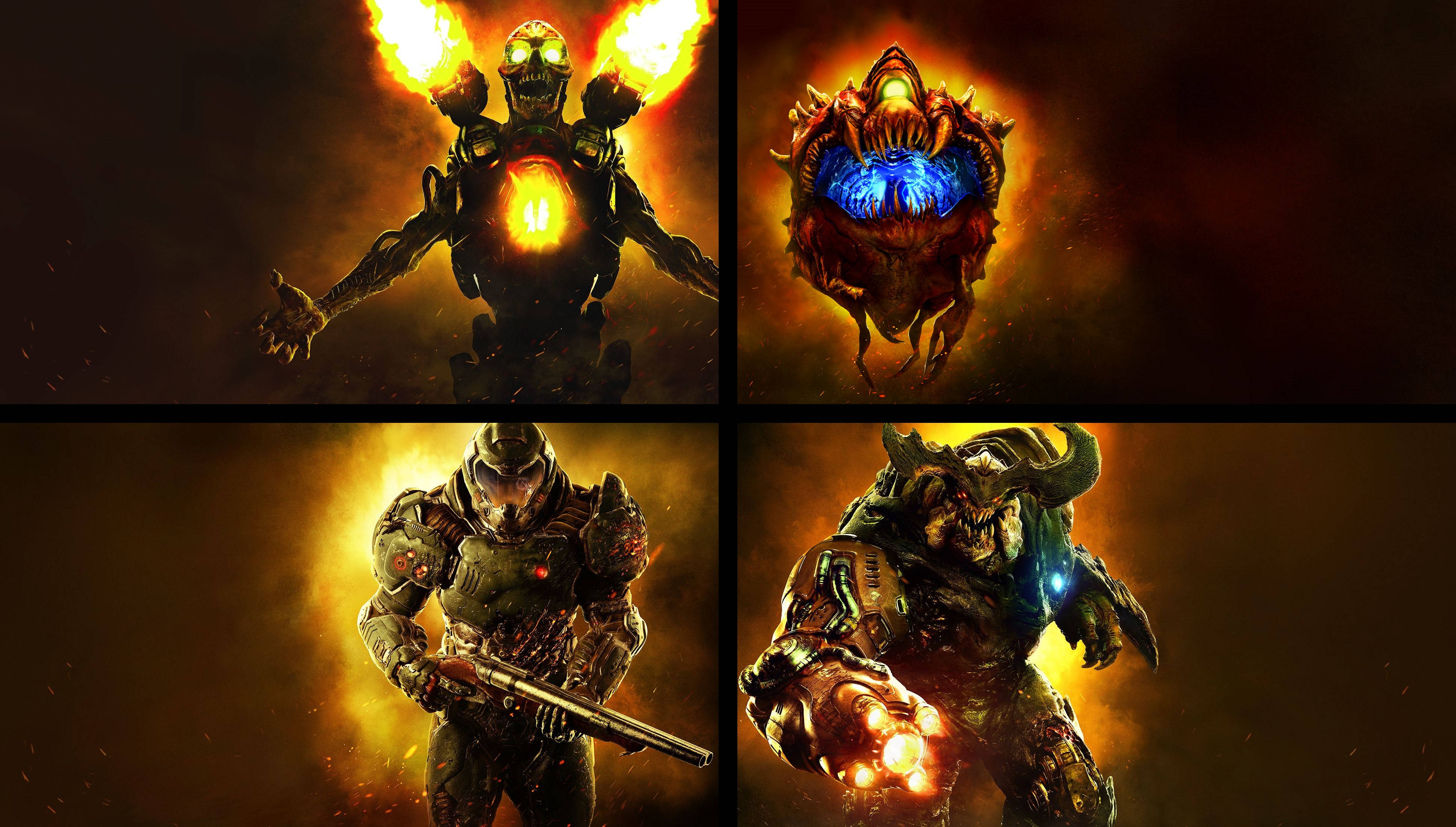 Doom 4K 桌布 壁紙 — 四個威脅性的遊戲角色在黑暗背景中散發著火焰和電能的光芒。