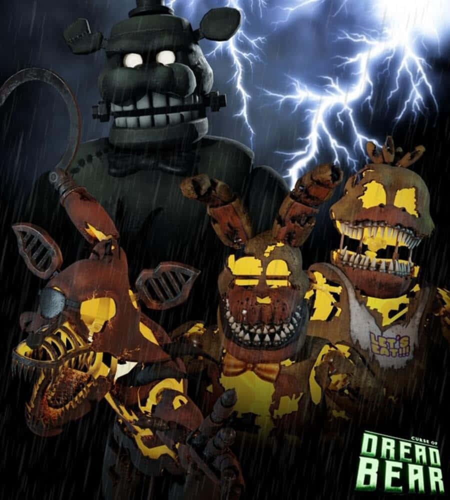 Dreadbear 桌布 壁紙 — 四個威脅性的電子動畫角色站在一個暴風雨的夜晚，閃電在他們身後閃爍。